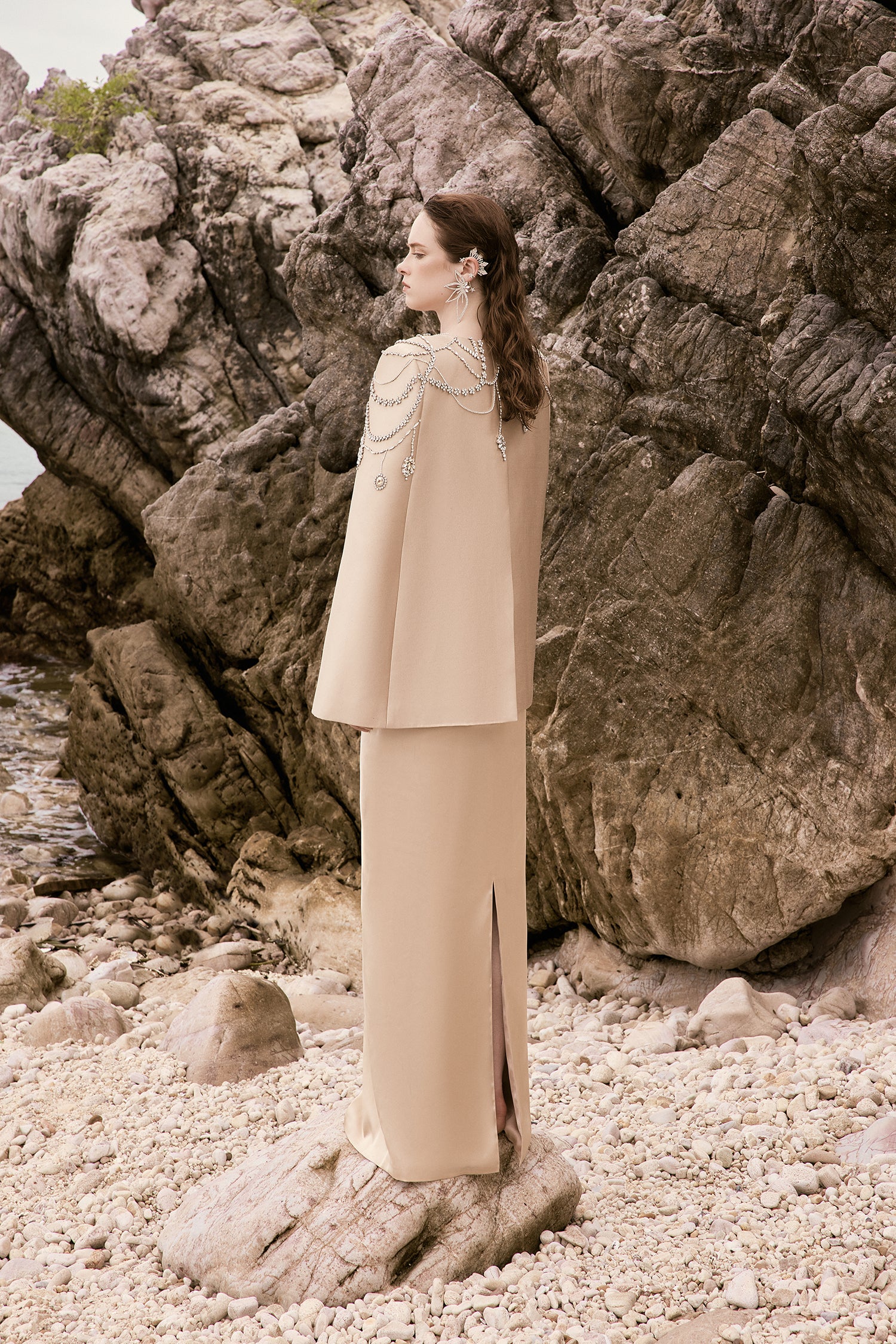 Teresa silk satin crystal dress with cape