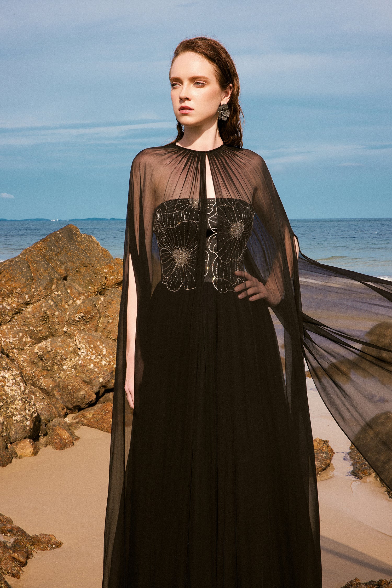 Katherine chiffon floral dress with cape