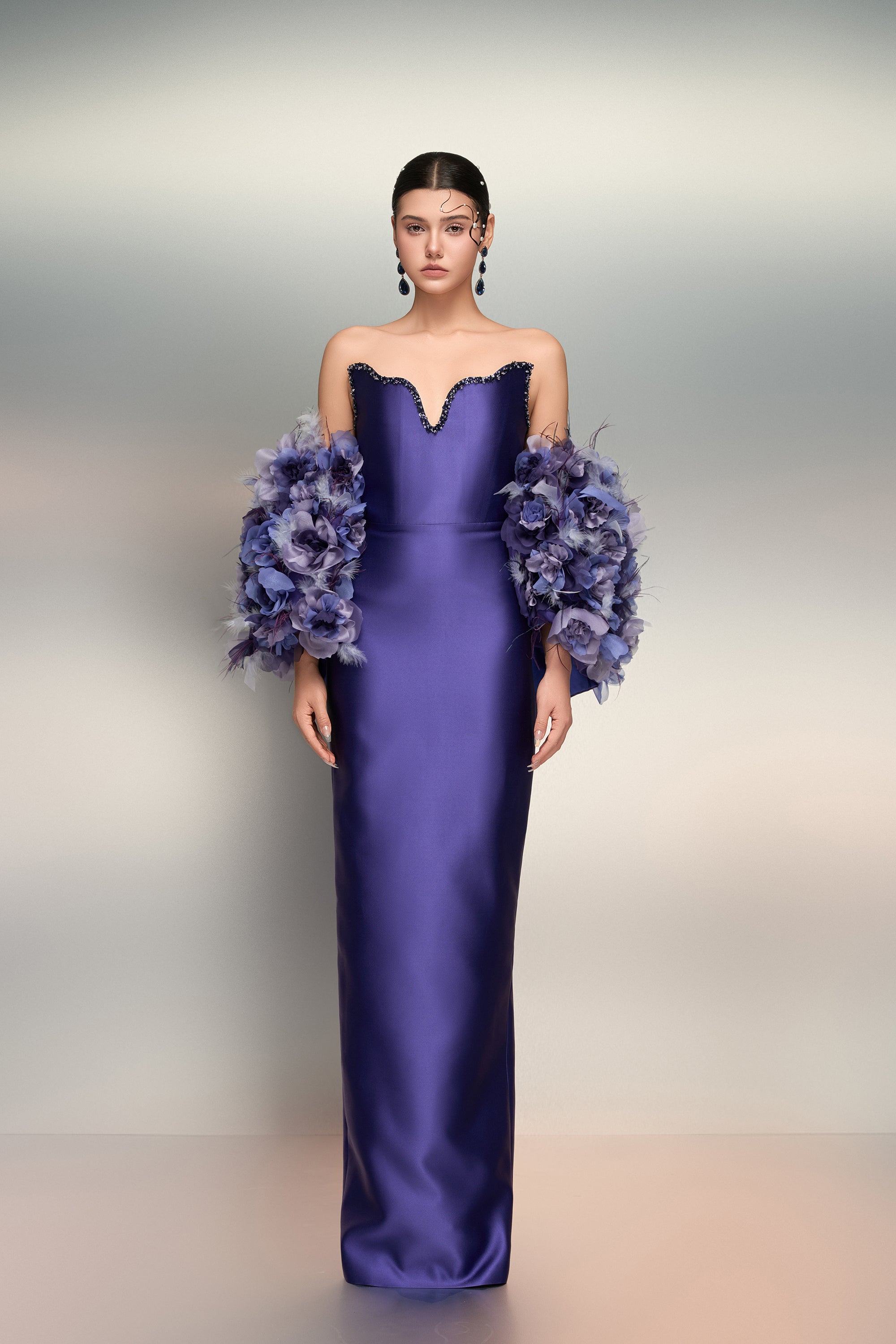 Noora royal taffeta dress & Hanan feather and royal taffeta cape
