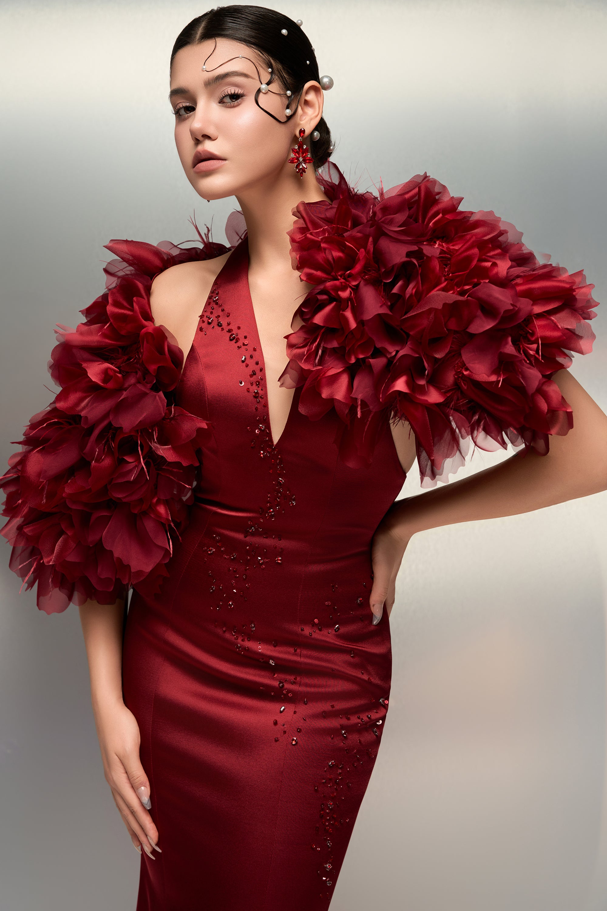 Fatima silk taffeta dress & Alya feather and silk taffeta cape