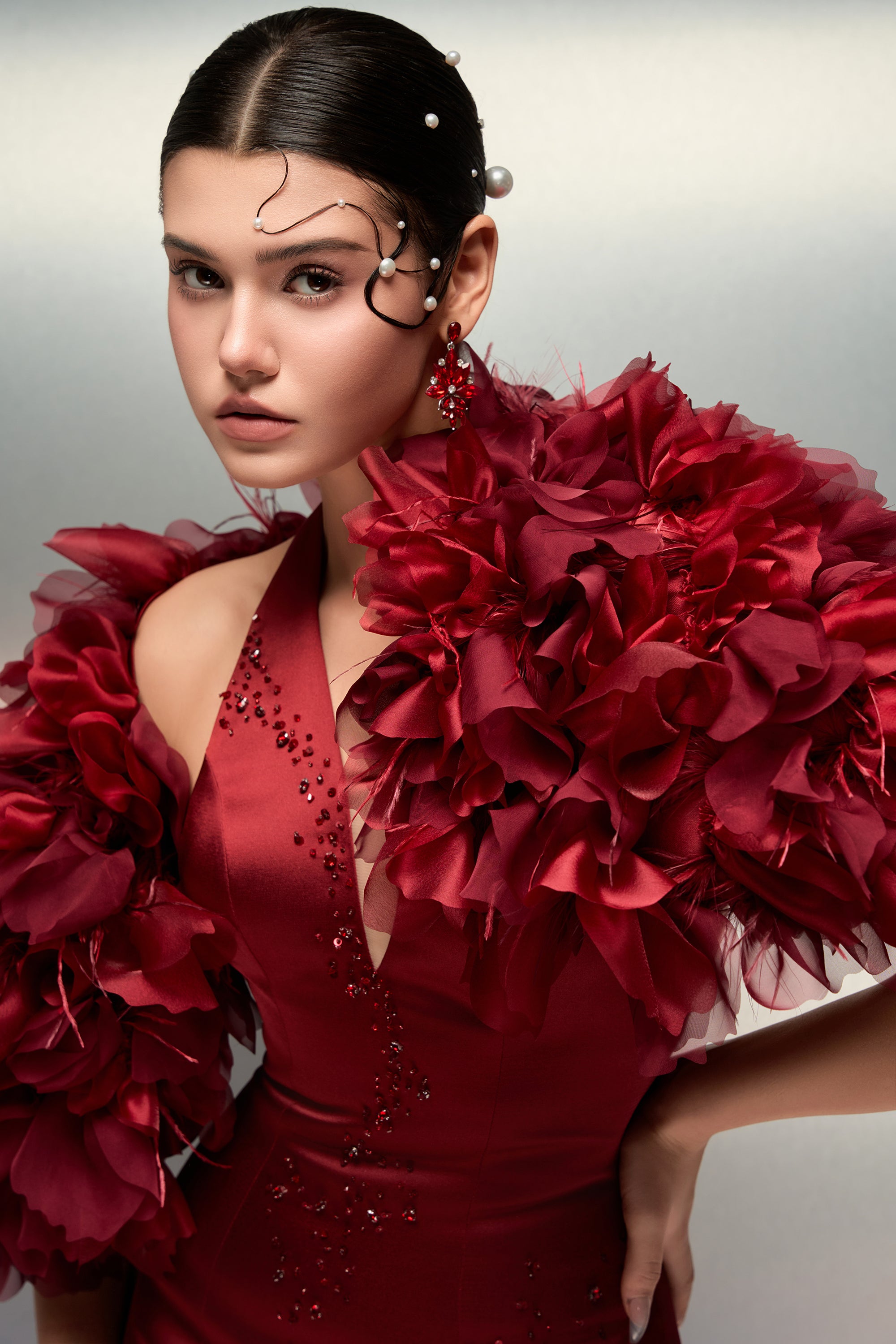 Fatima silk taffeta dress & Alya feather and silk taffeta cape