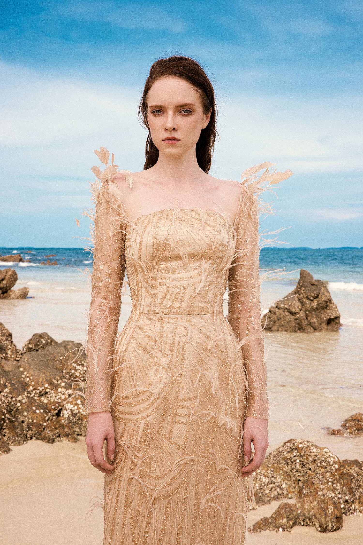 Emily crystal lace feather dress