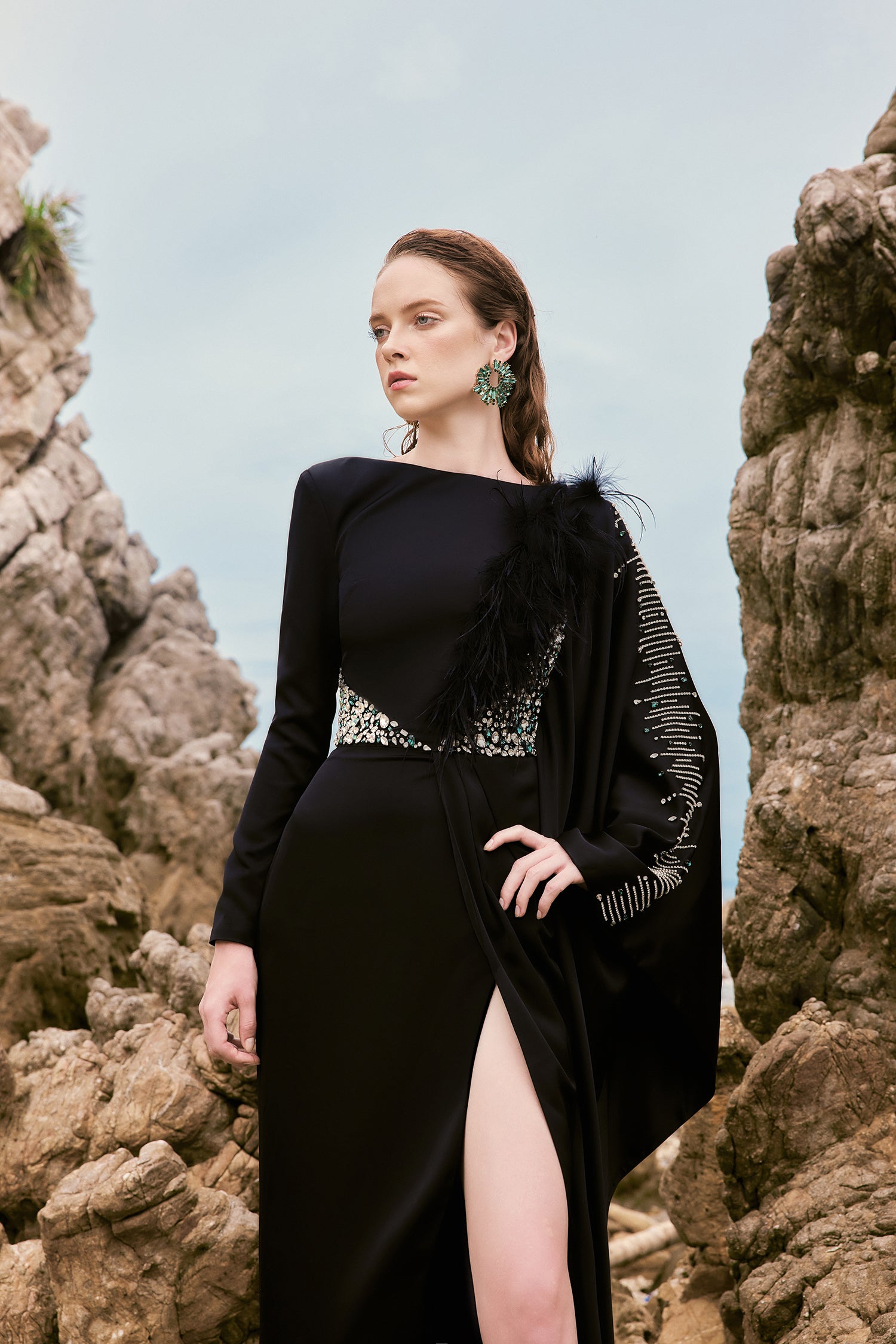 Valentina silk satin feather dress