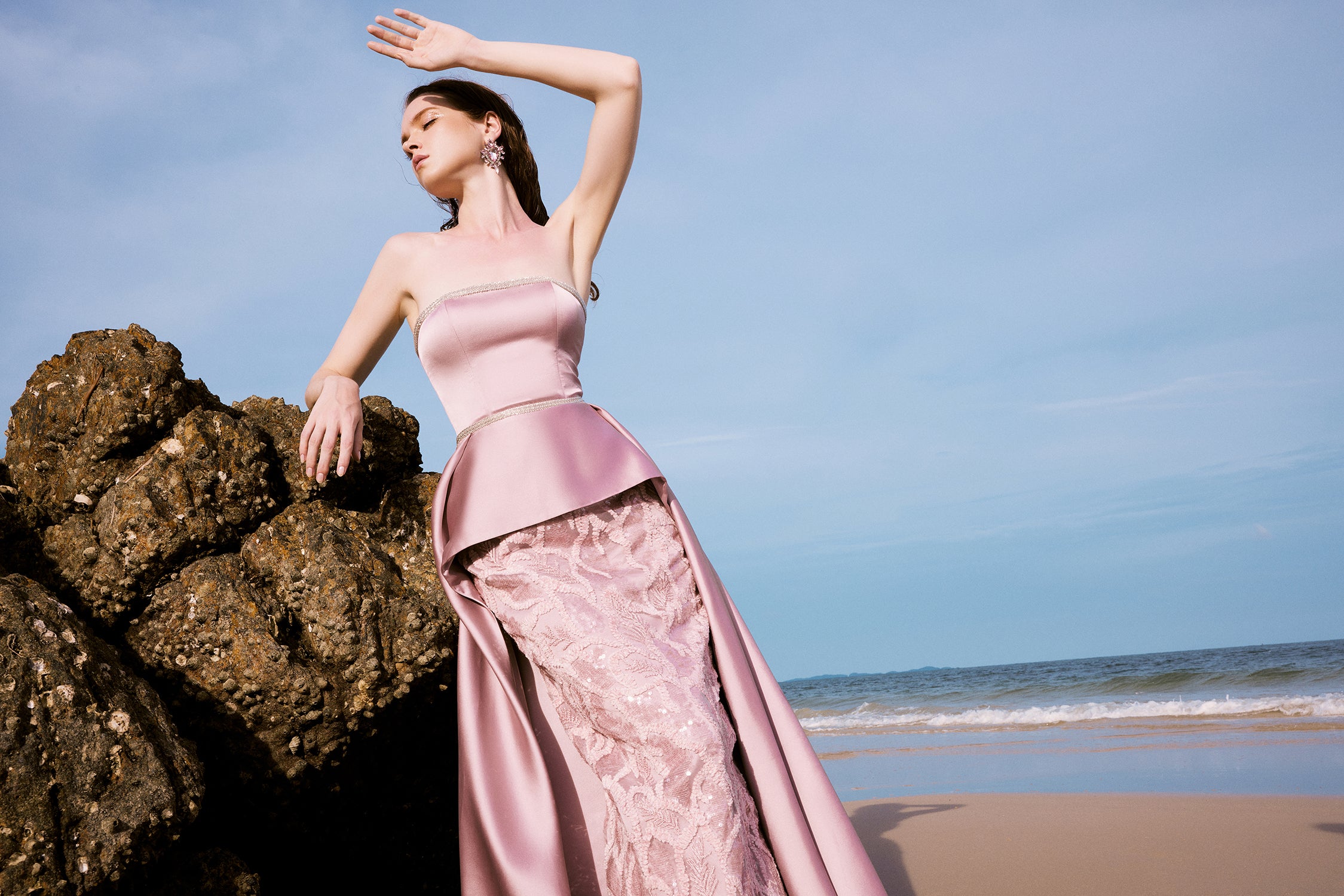 Elizabeth silk satin mixed crystal lace dress