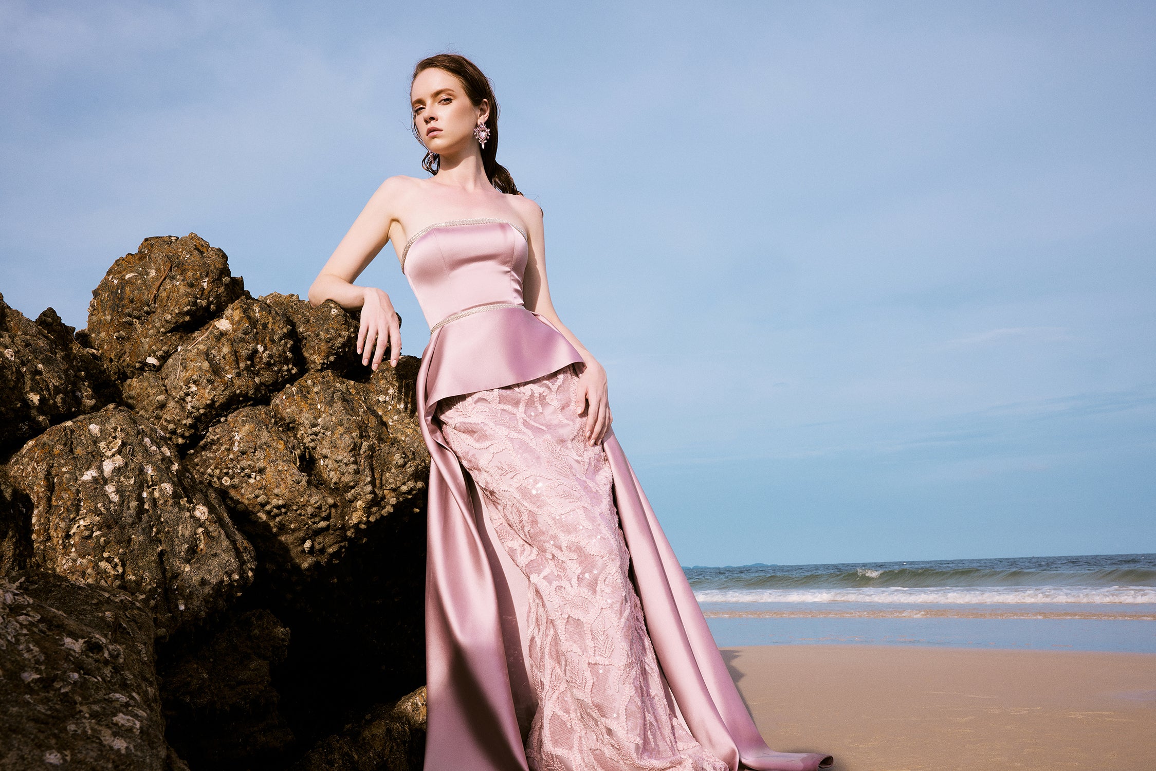 Elizabeth silk satin mixed crystal lace dress