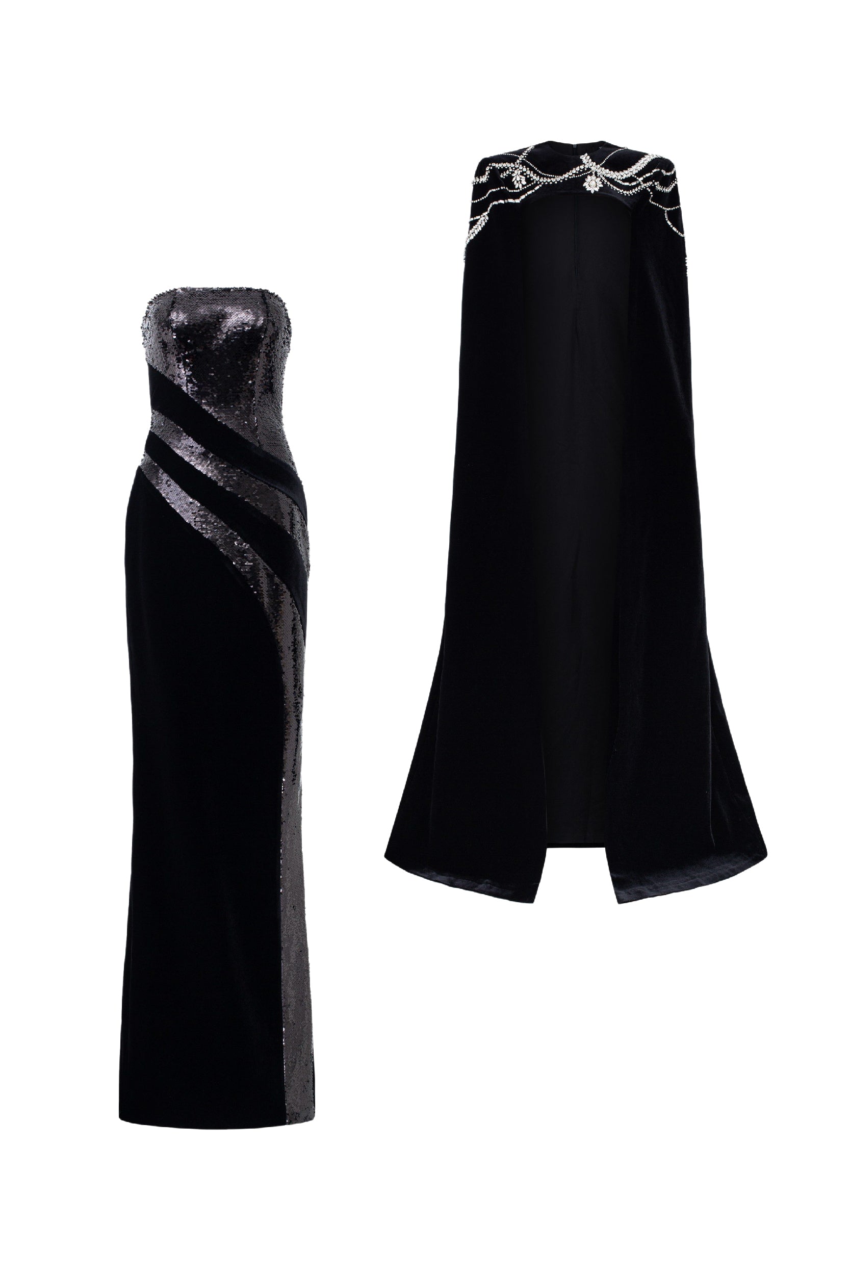 Charlotte Velvet flow sequins dress with cape