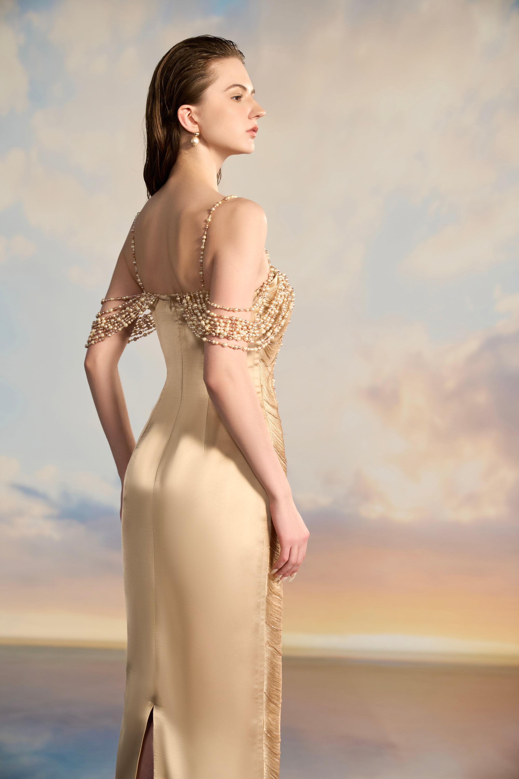 Amanda Silk satin flow pearl dress