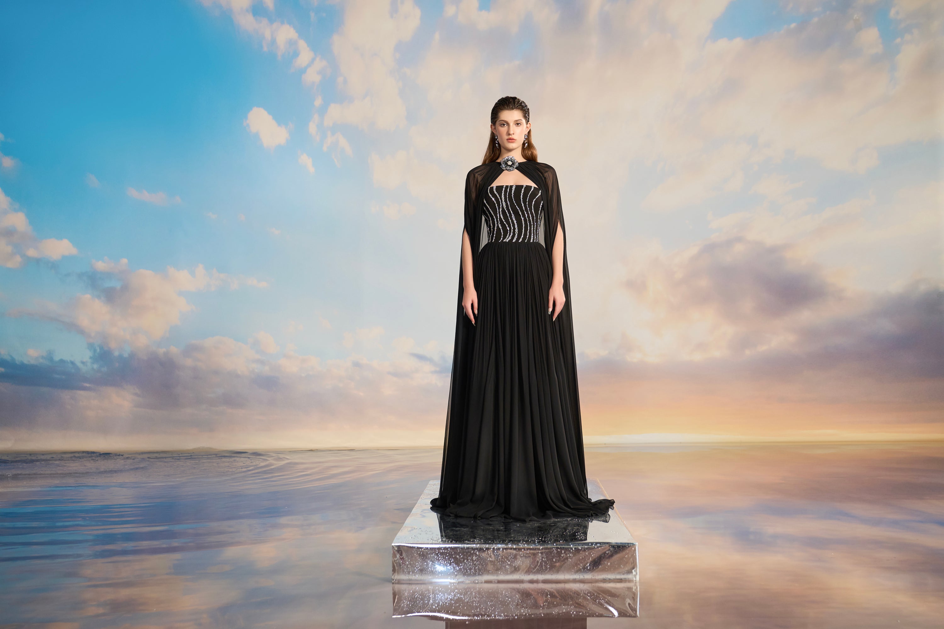 Almira Chiffon pleated dress with cape