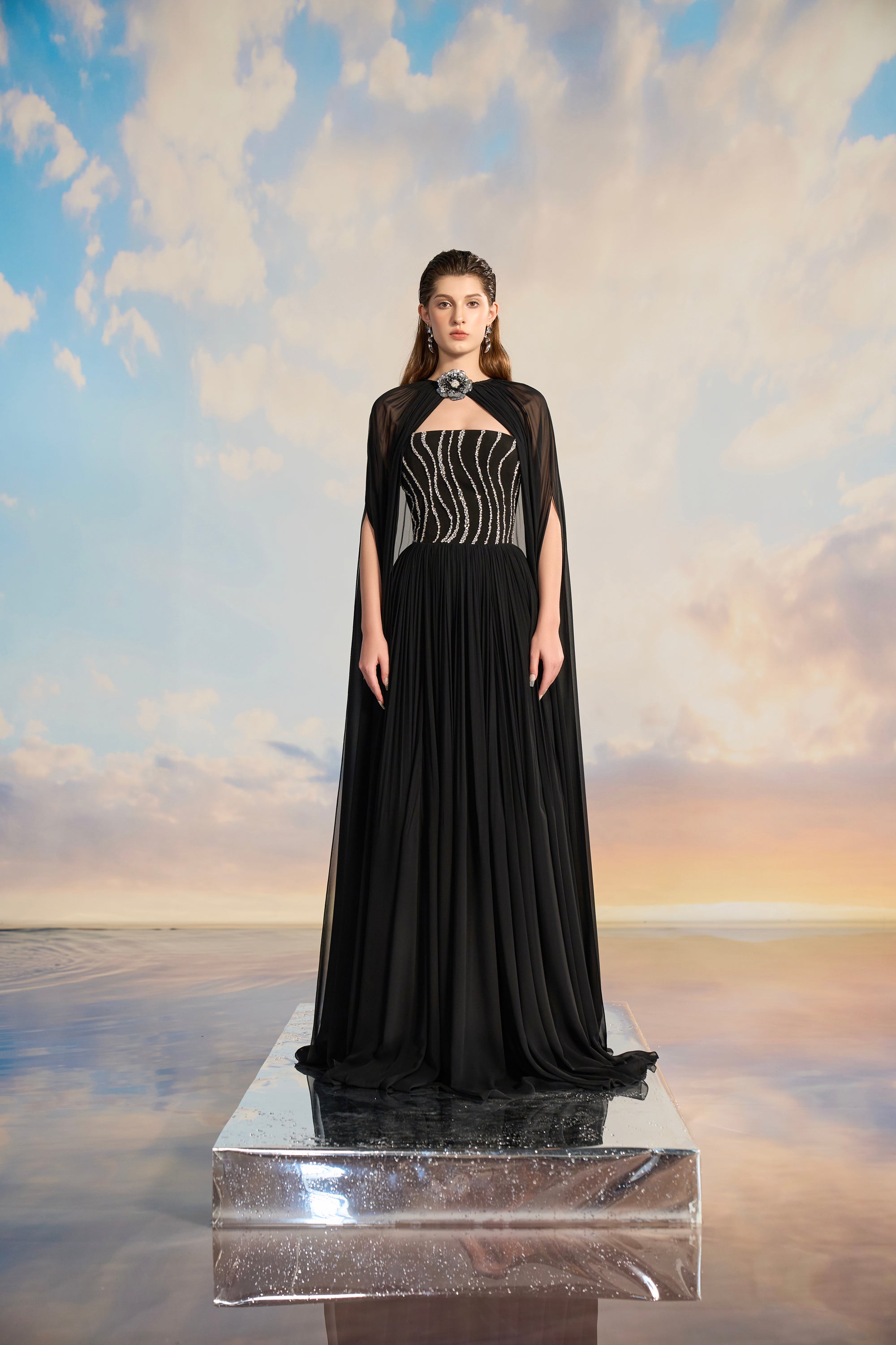 Almira Chiffon pleated dress with cape