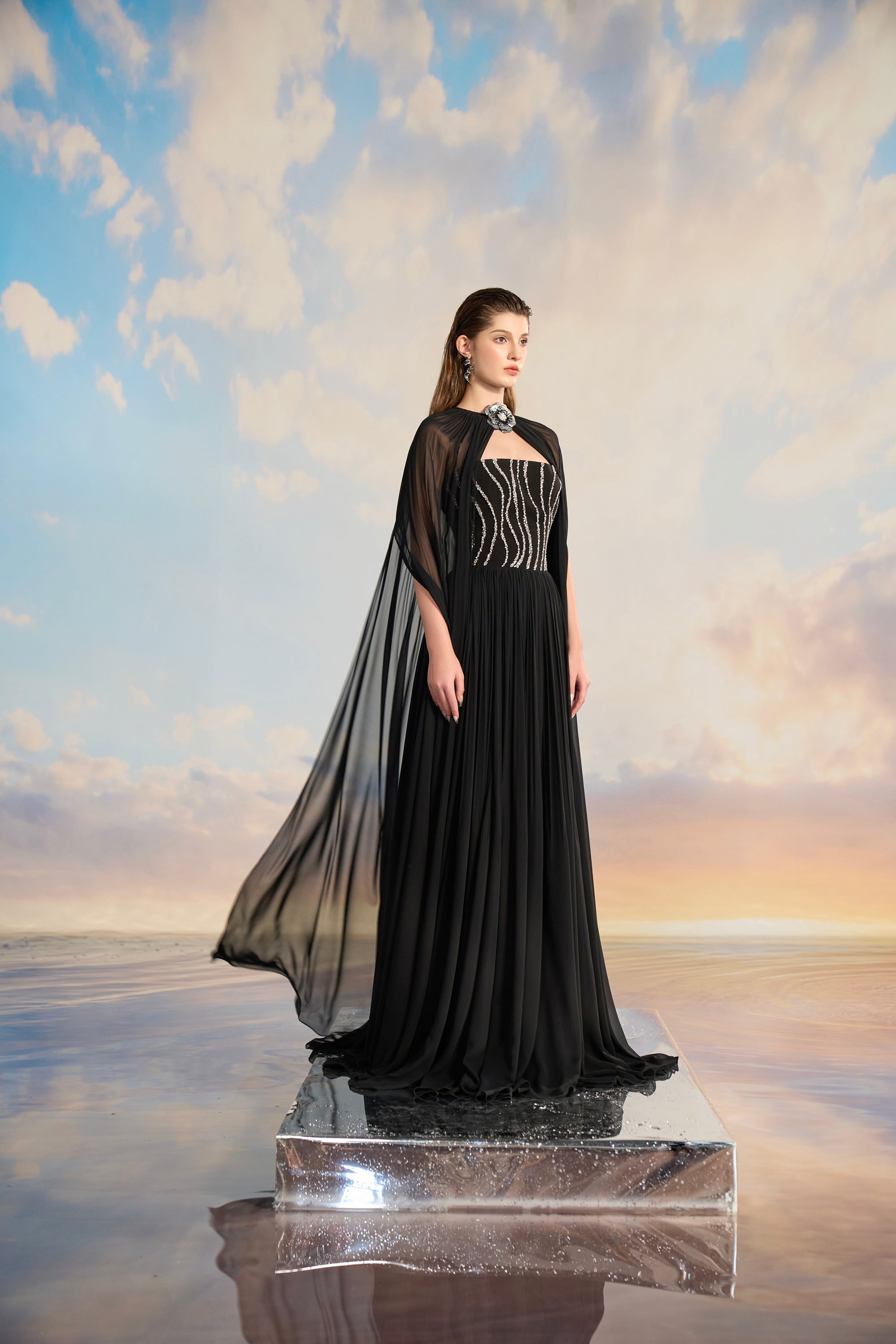 Almira Chiffon pleated dress with cape