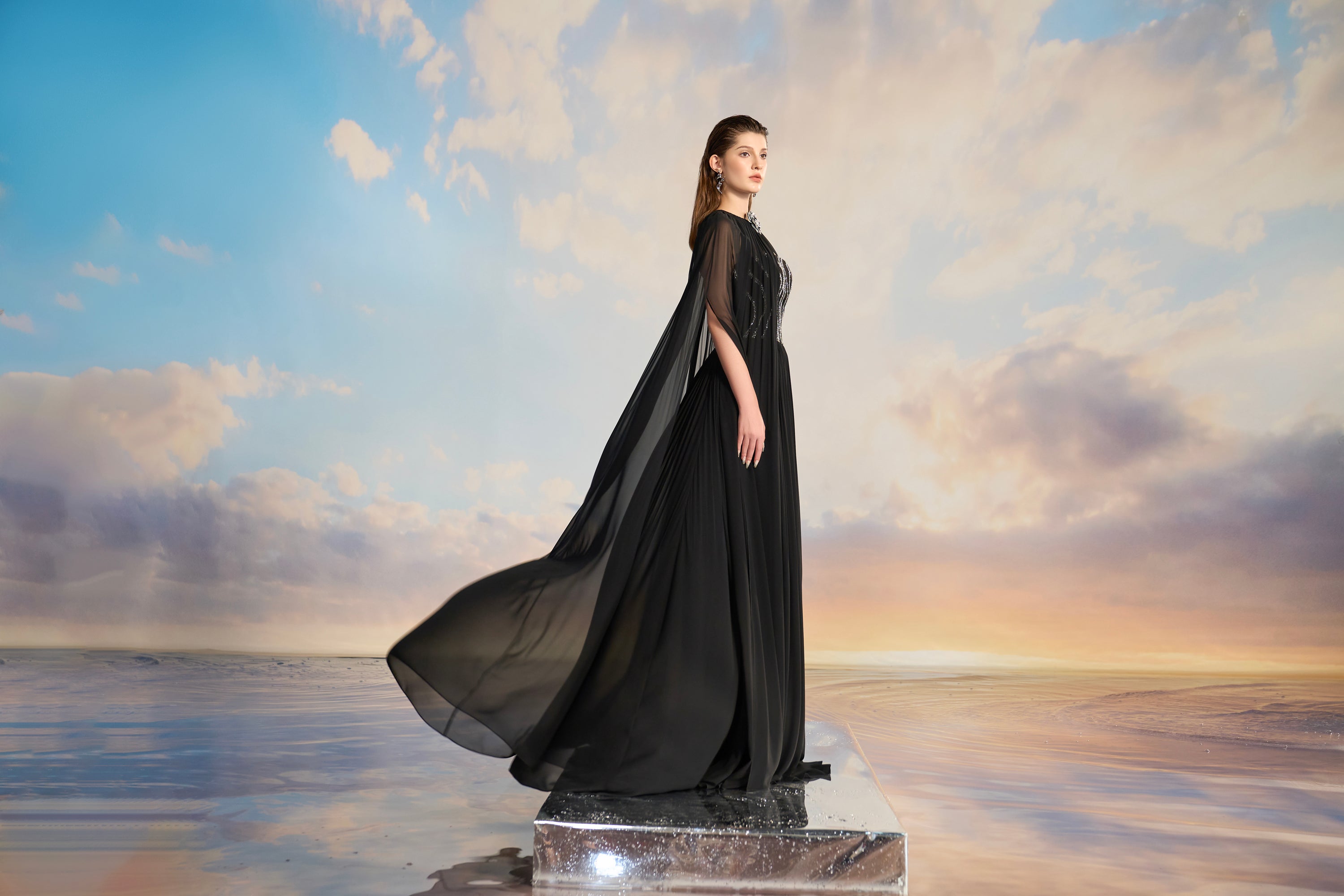 Almira Chiffon pleated dress with cape