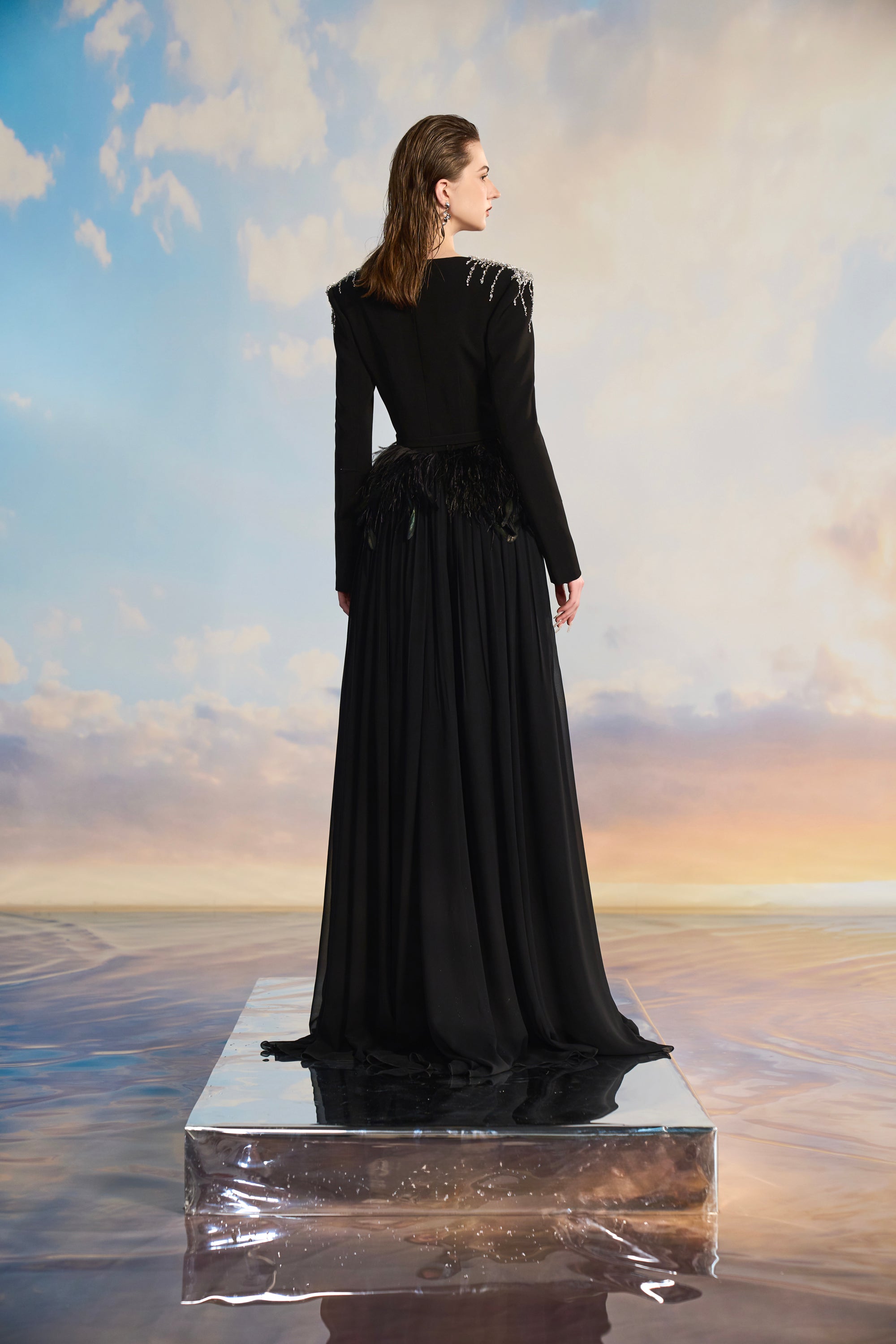 Victoria Crepe mixed Chiffon pleated dress