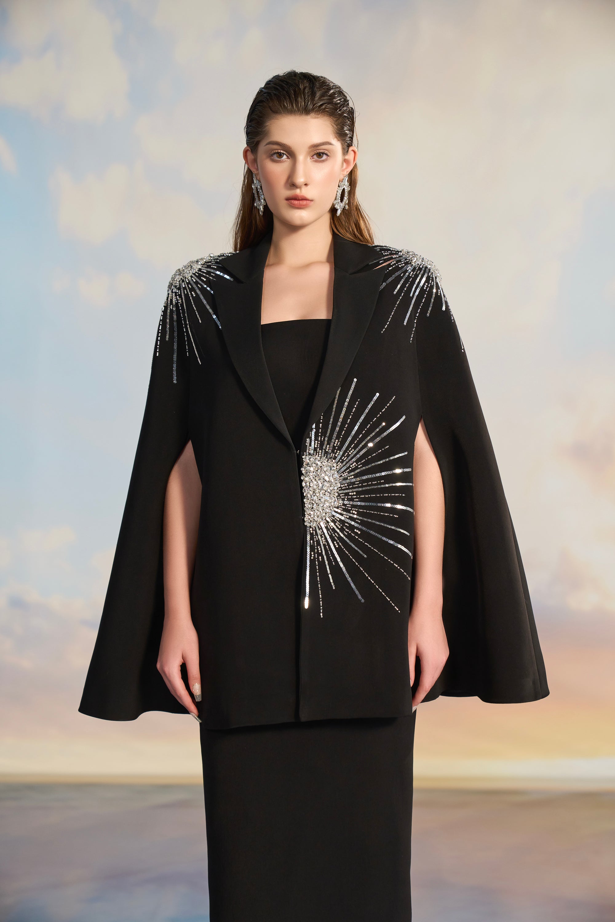 Aurora Crepe bodycon dress with cape