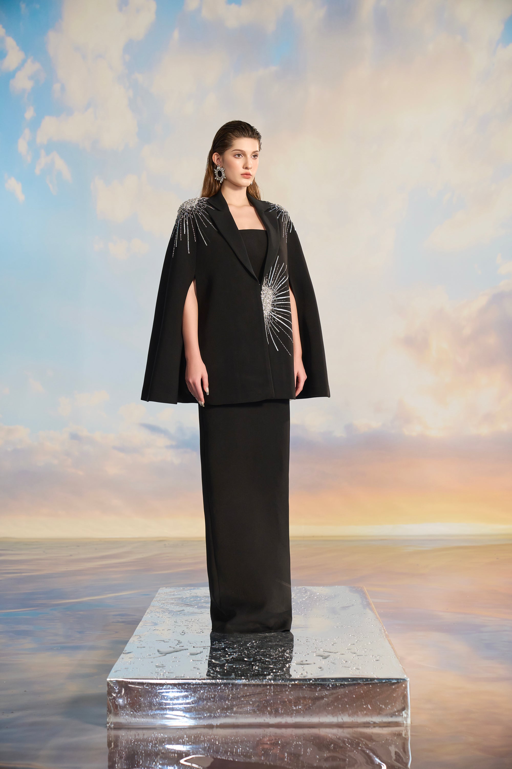 Aurora Crepe bodycon dress with cape