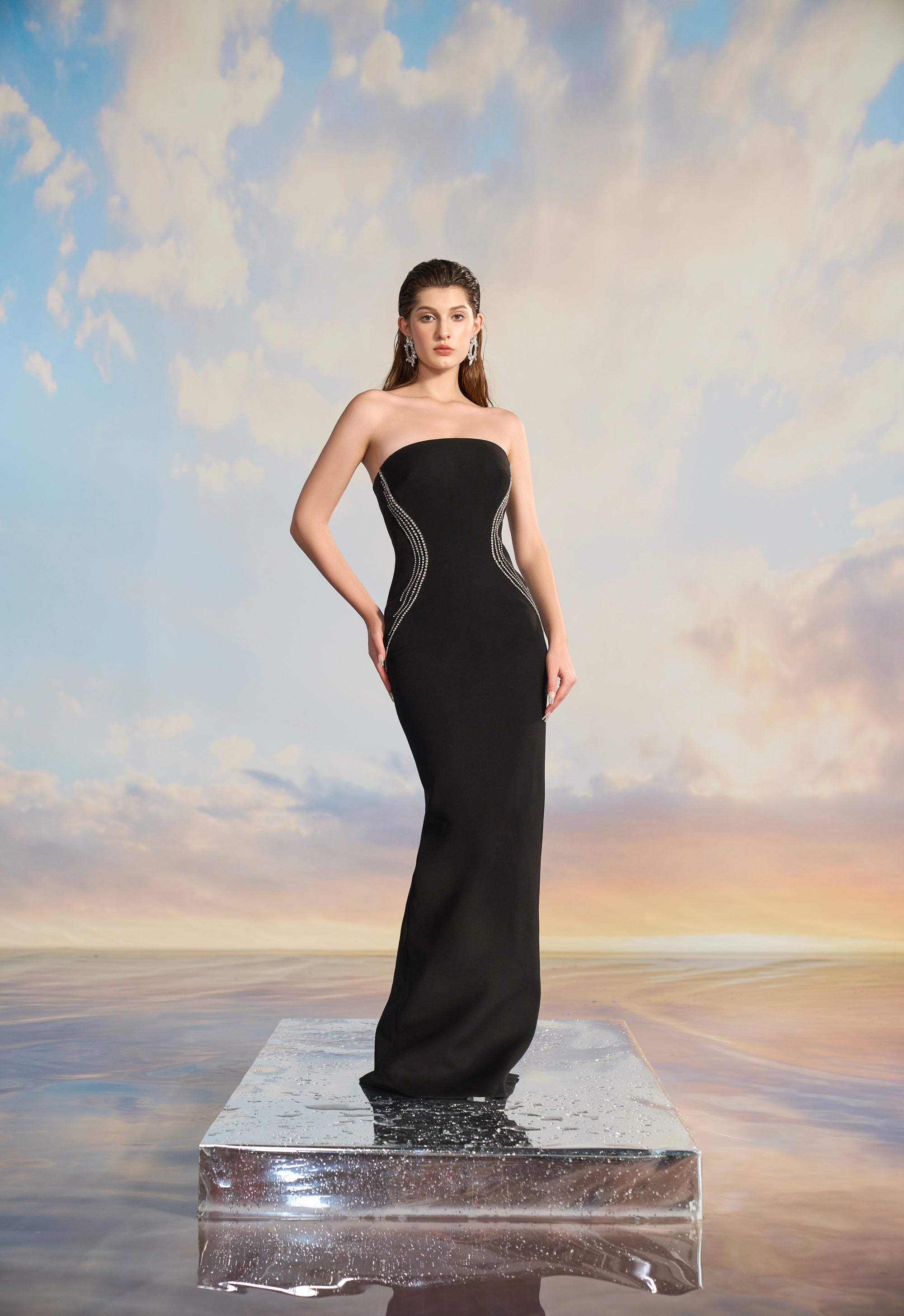 Aurora Crepe bodycon dress with cape