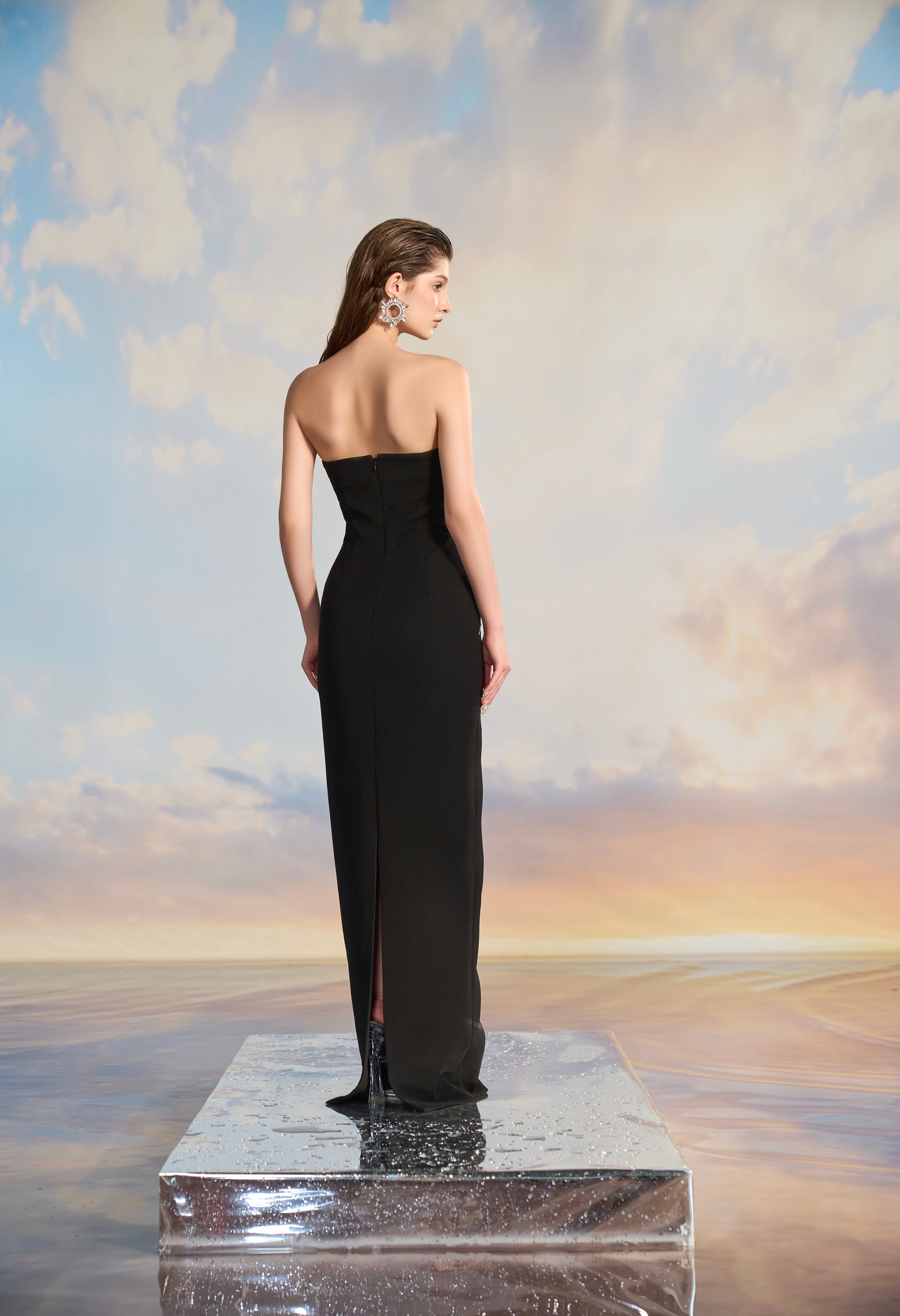 Aurora Crepe bodycon dress with cape