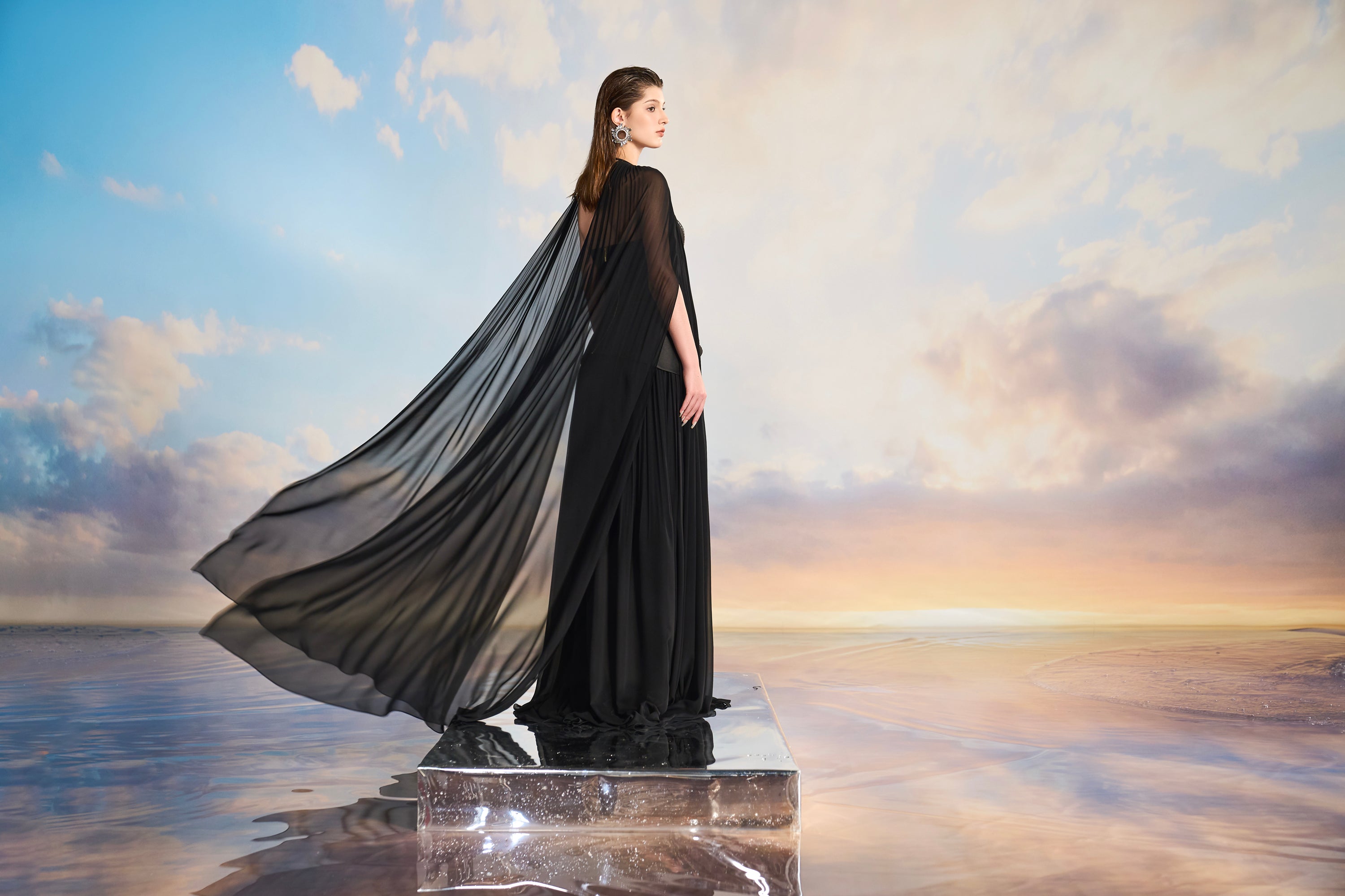 Rihanna Royal taffeta mixed Chiffon peplum dress with cape