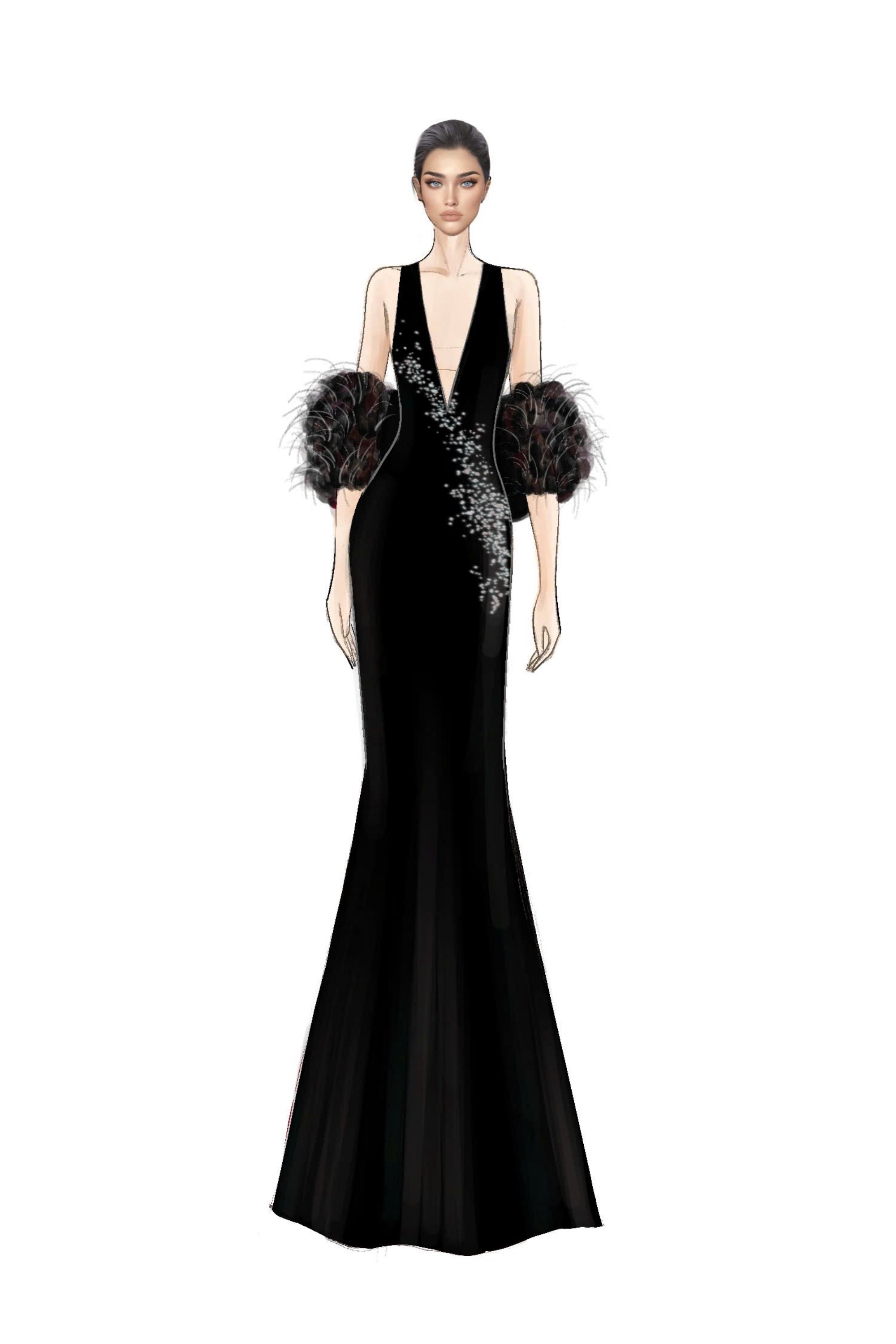 Fatima silk taffeta dress & Alya feather and silk taffeta cape