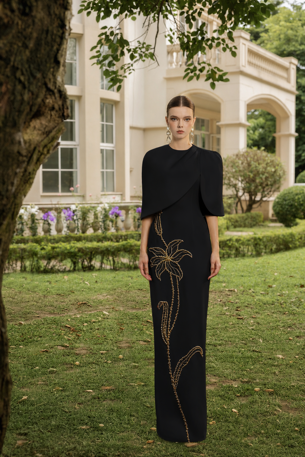 Rosalie Crepe Dress with louise crepe cape