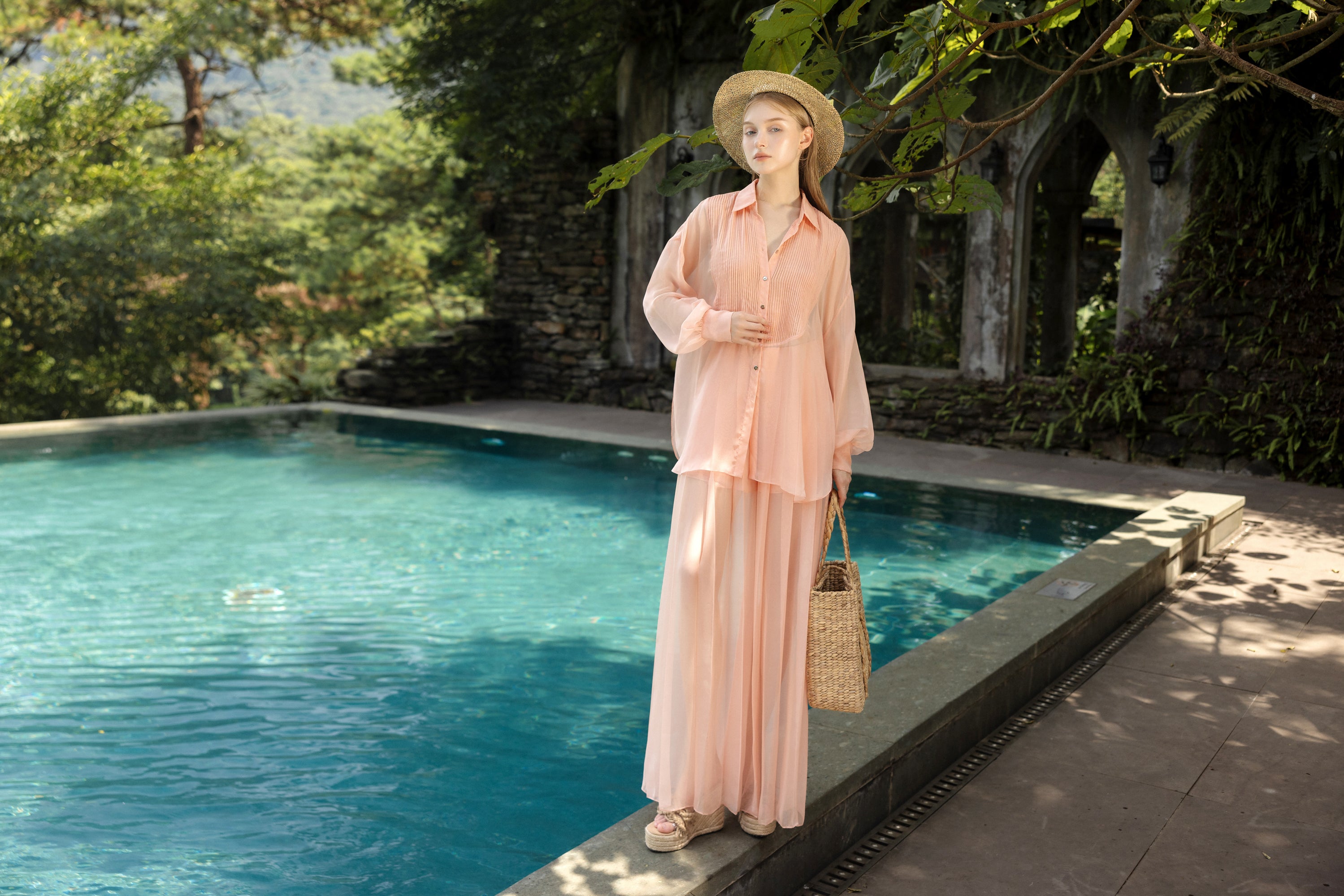 Set Melita silk pleated shirt & silk pants