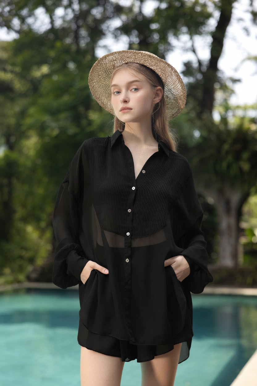 Set Melita silk pleated shirt with Silk Short