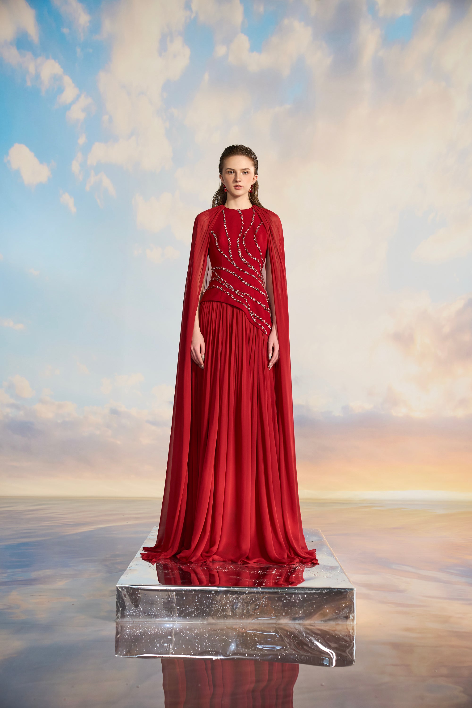 Kerenza Crepe mixed Chiffon pleated dress