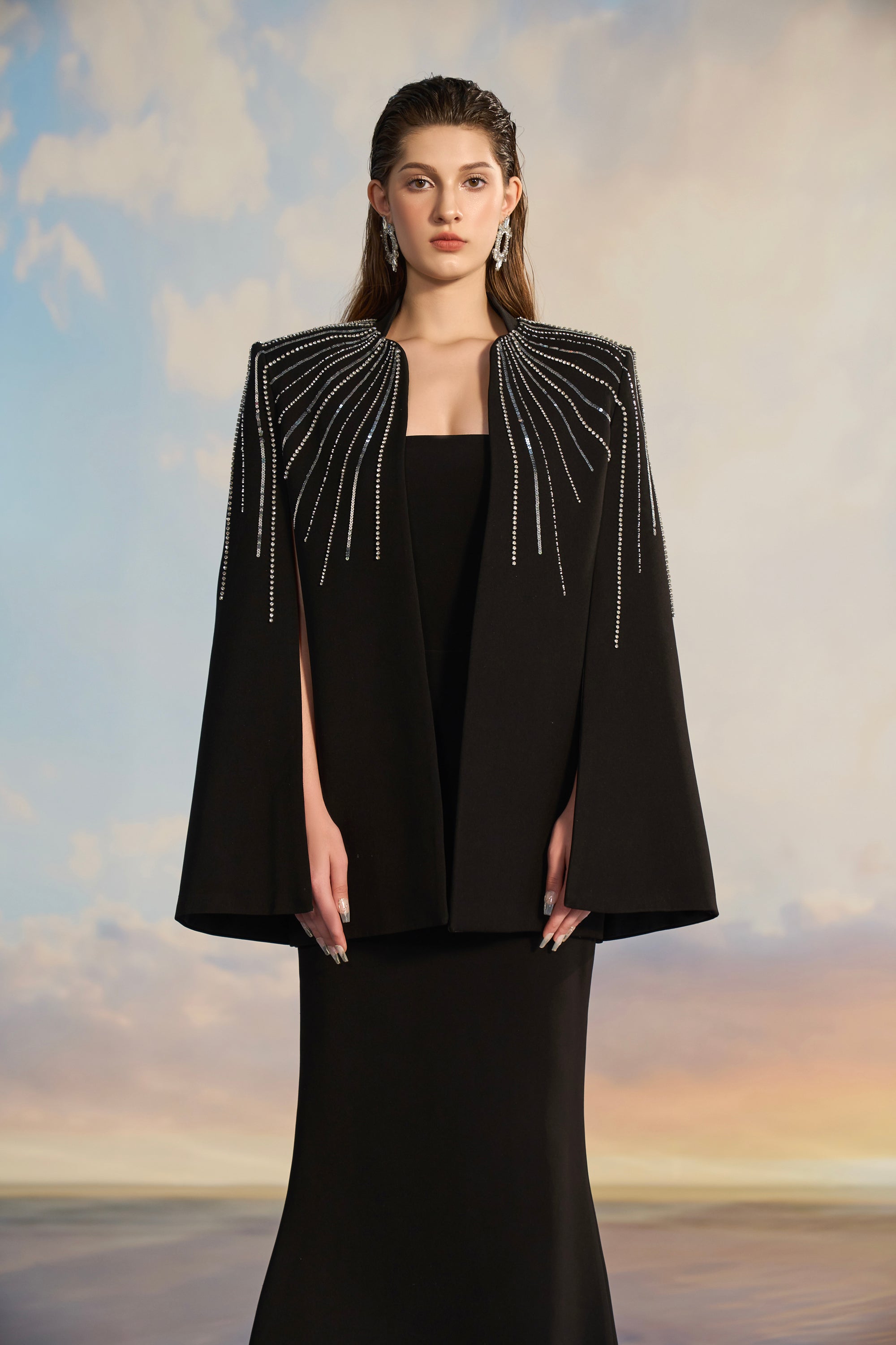 Louisa Crepe Fishtail dress with cape