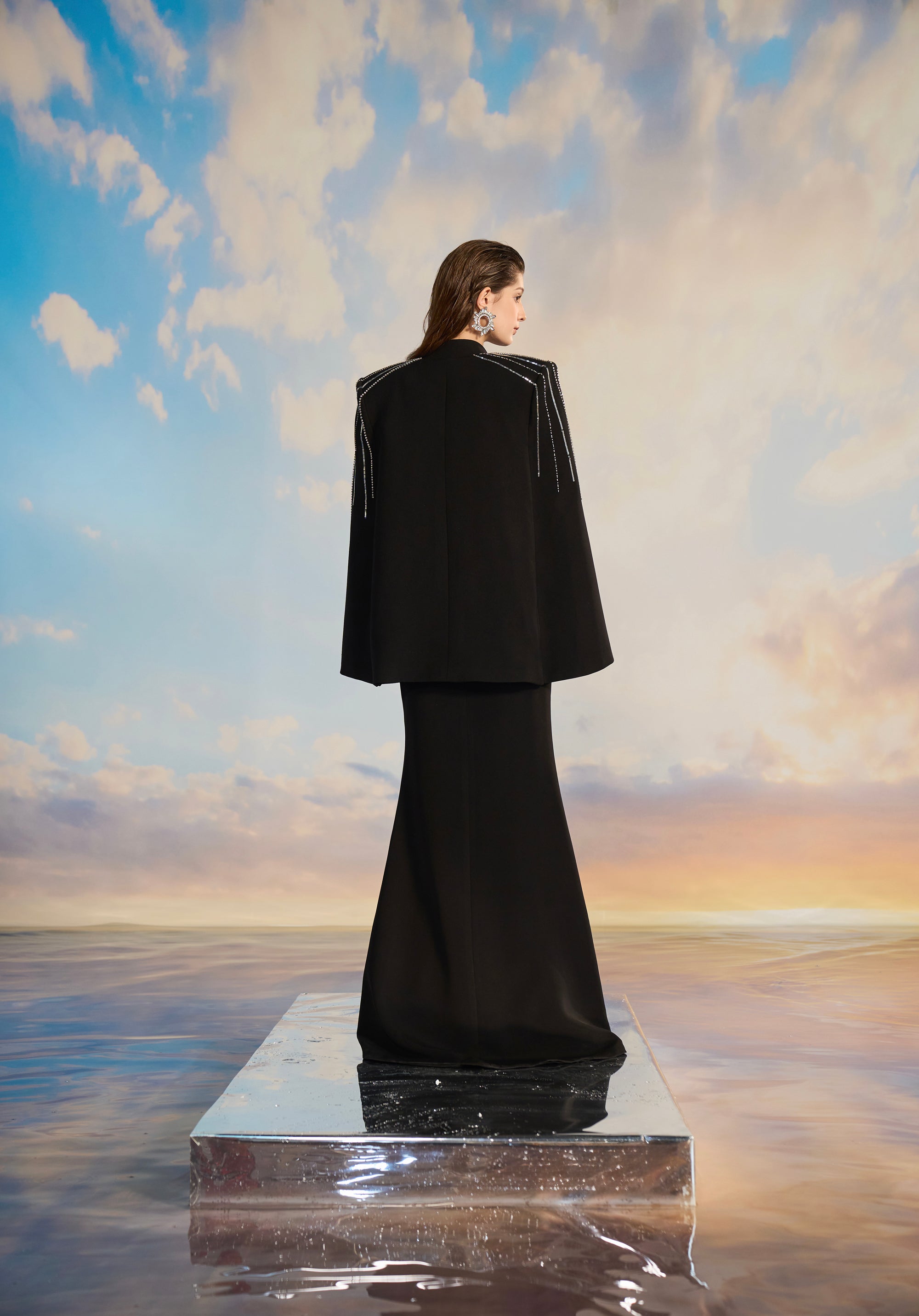 Louisa Crepe Fishtail dress with cape