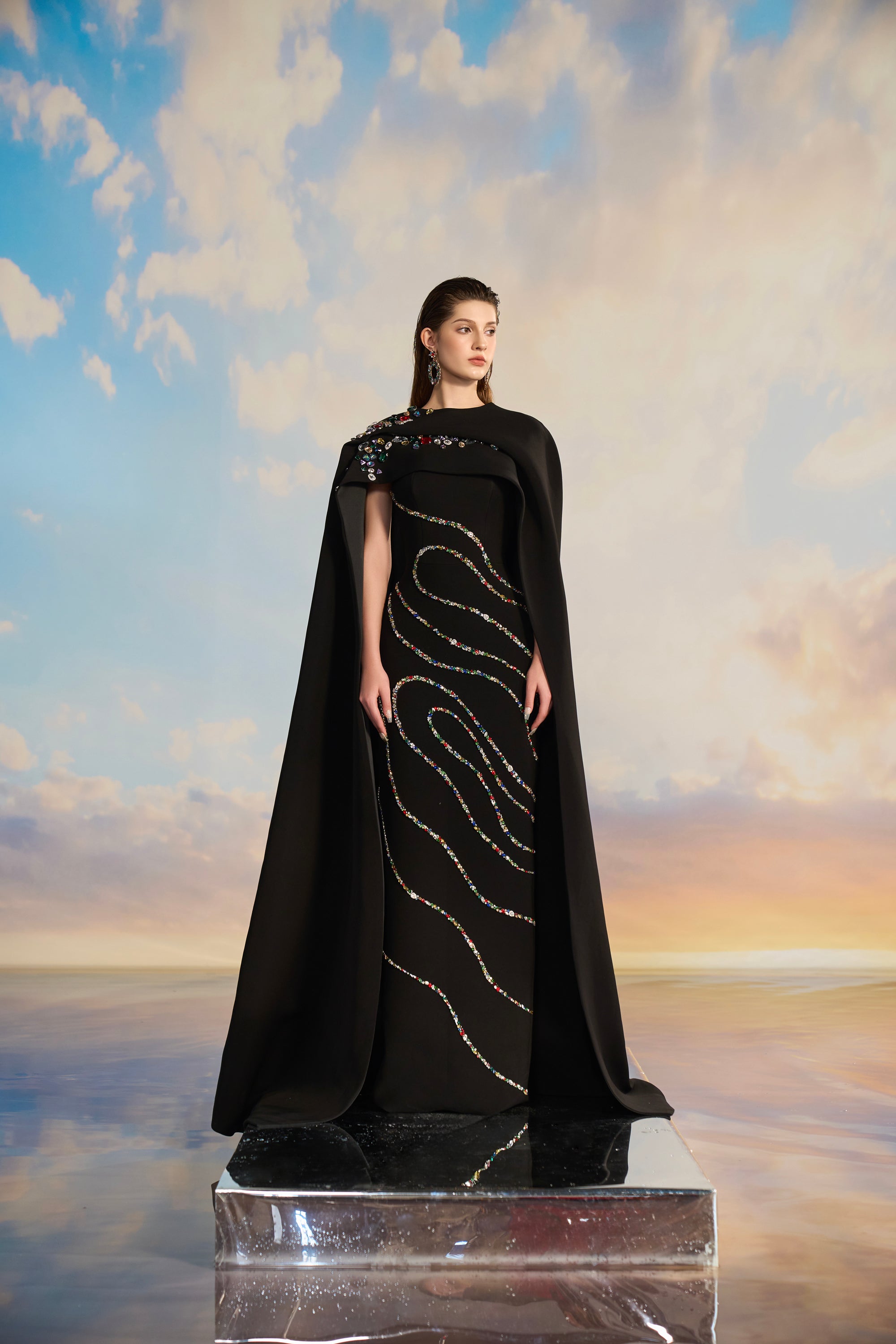 Calliope Crepe bodycon dress with cape