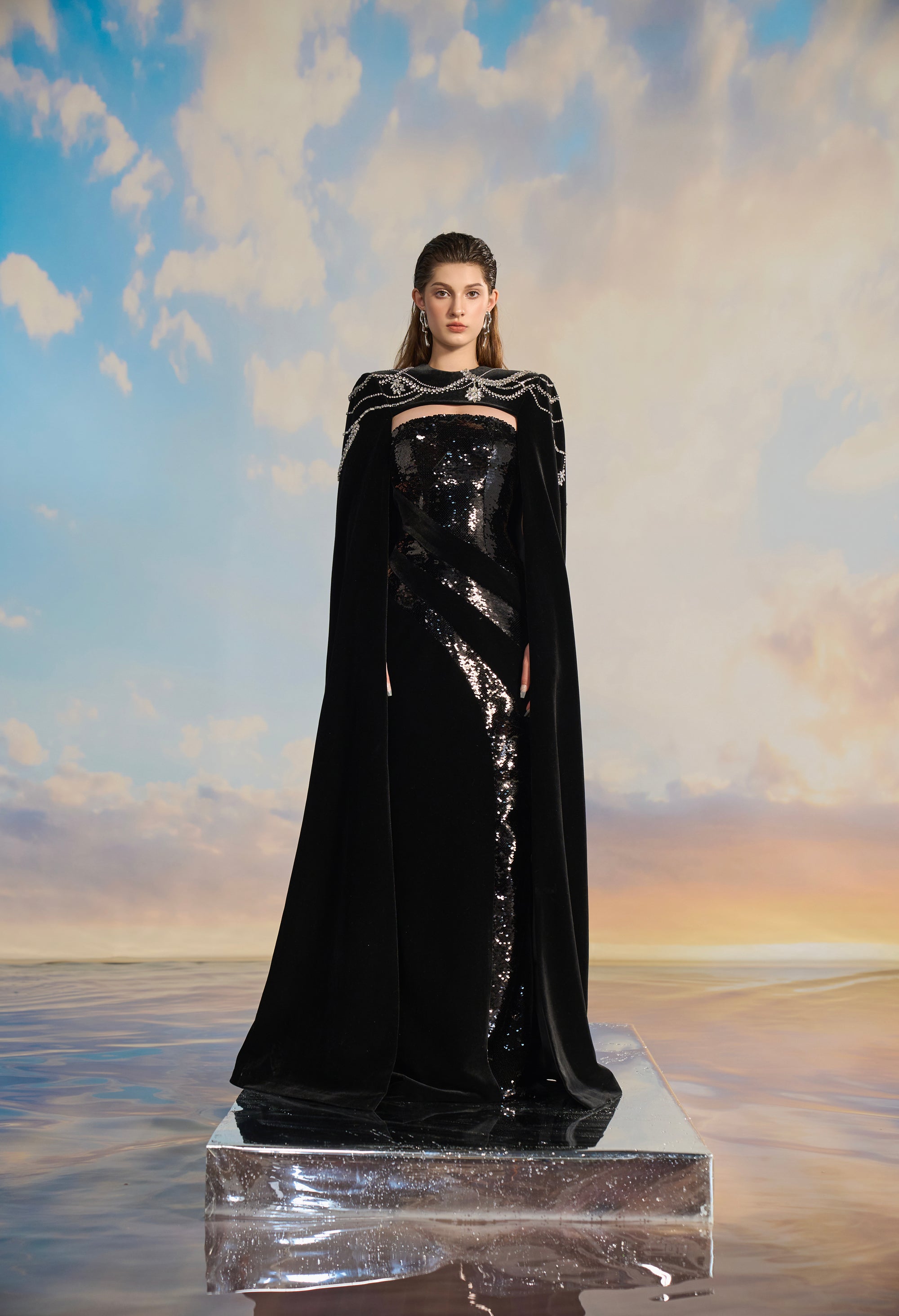 Charlotte Velvet flow sequins dress with cape