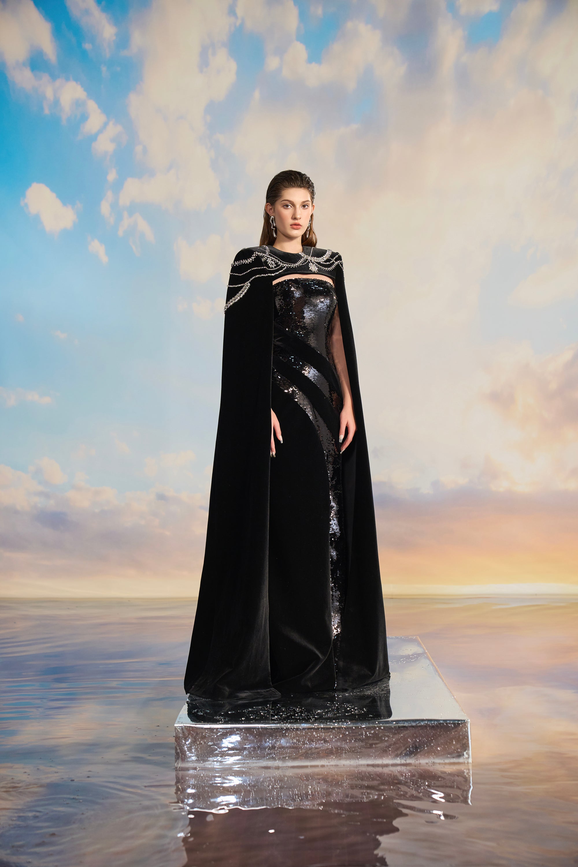 Charlotte Velvet flow sequins dress with cape