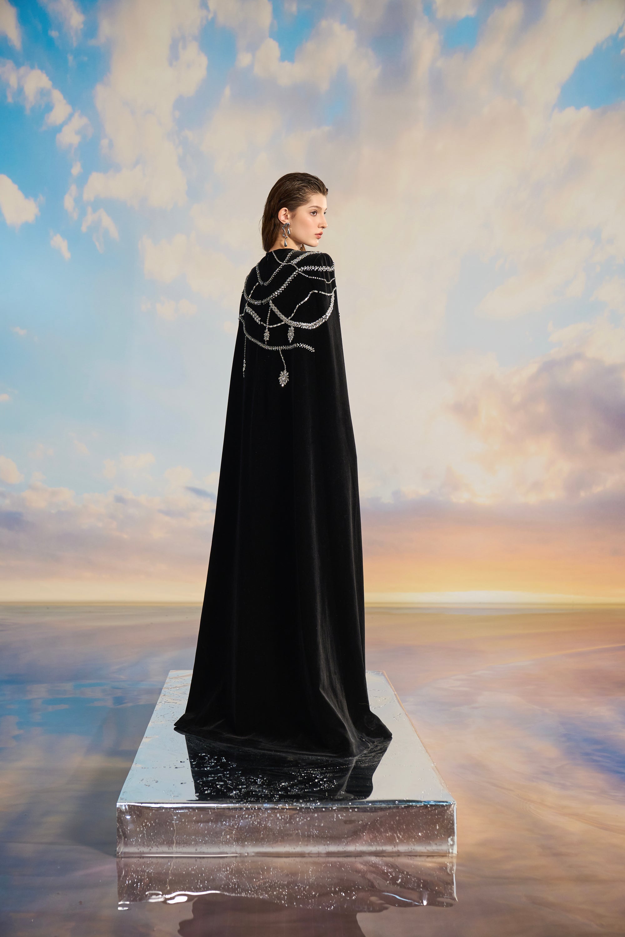 Charlotte Velvet flow sequins dress with cape