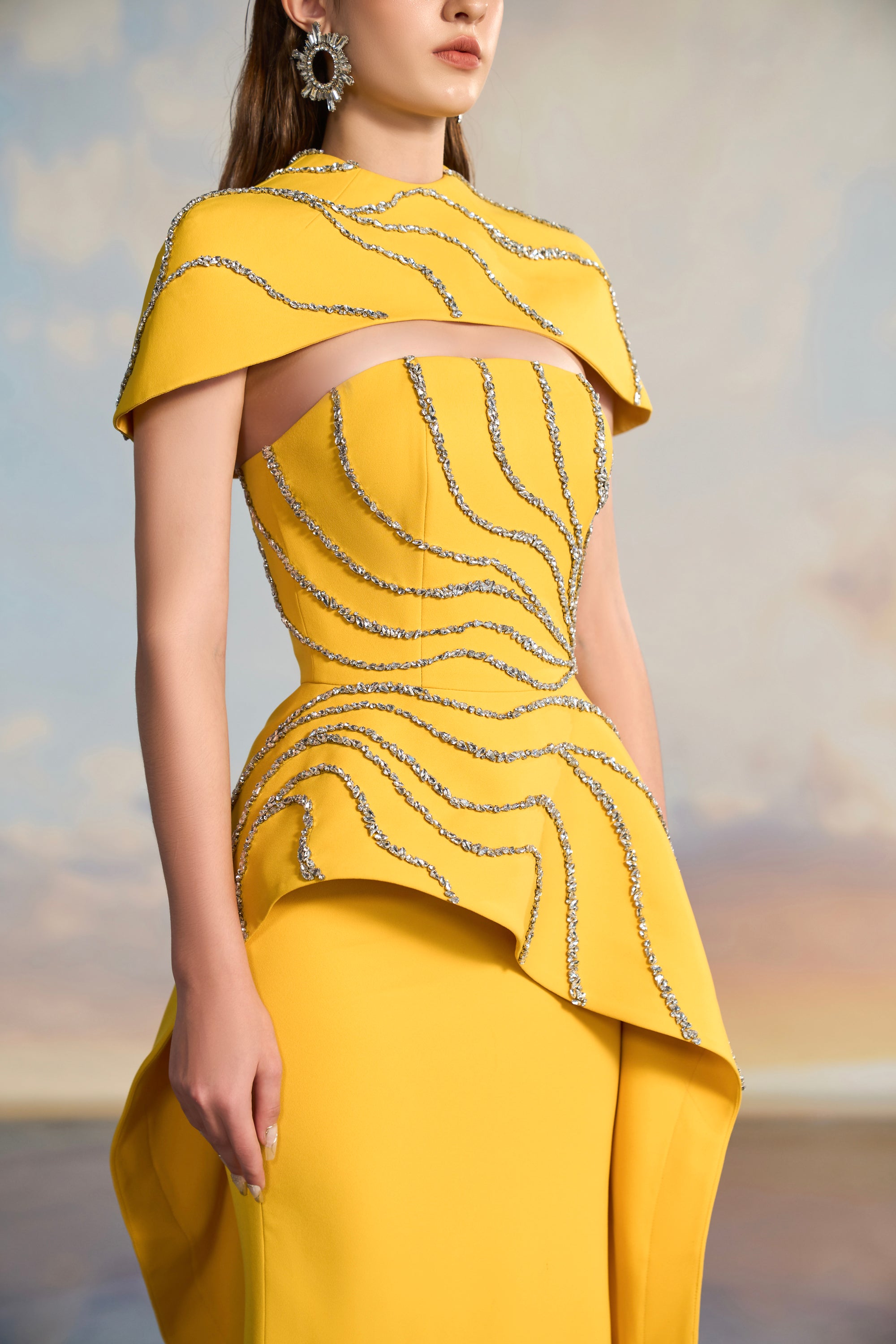 Alana Crepe fishtail dress with cape