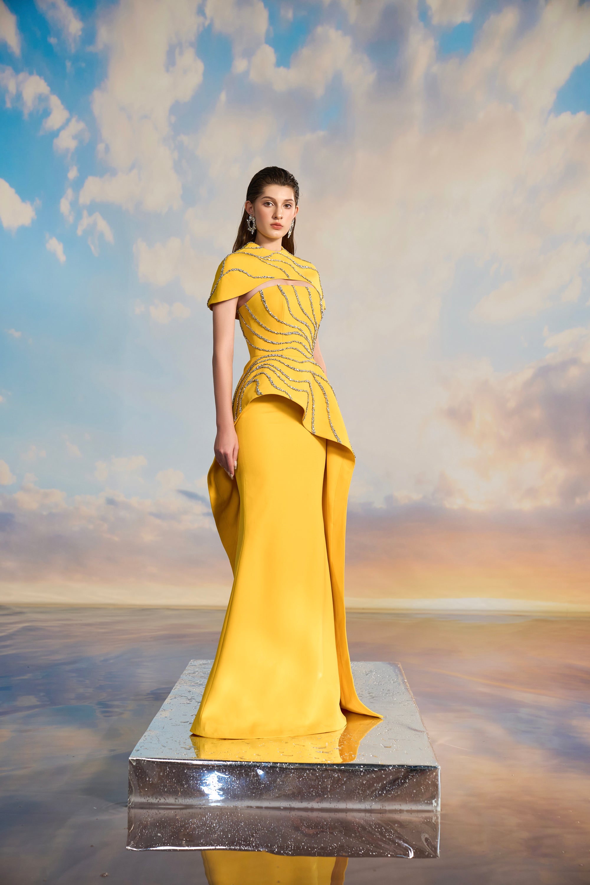 Alana Crepe fishtail dress with cape