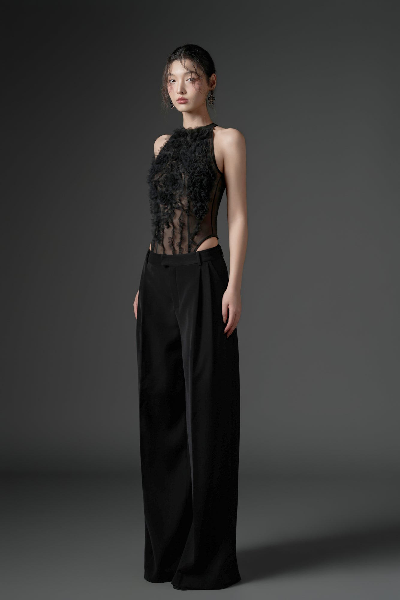 Jambari tulle ruffles top with crepe straight pants