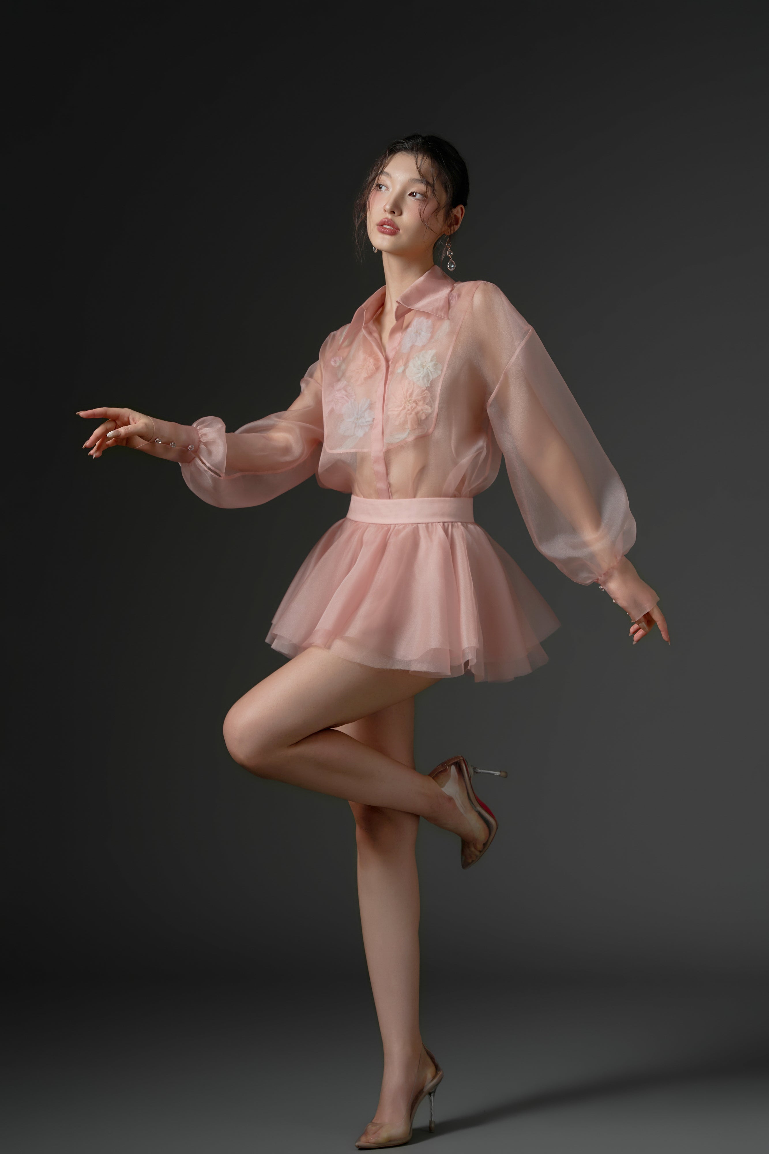 Timsah organza flower shirt with Zarafa organza pleated skirt