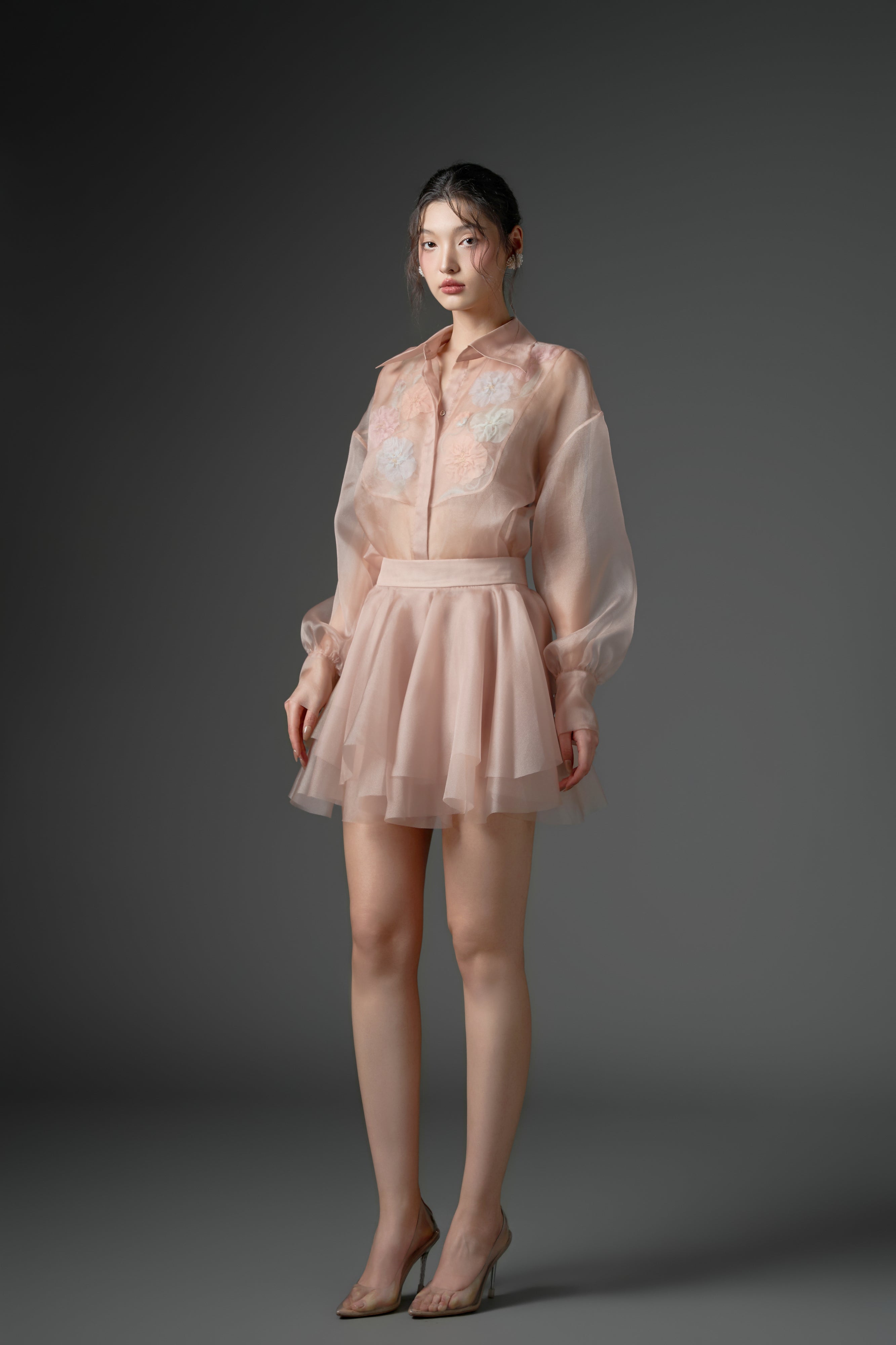 Timsah organza flower shirt with Zarafa organza pleated skirt