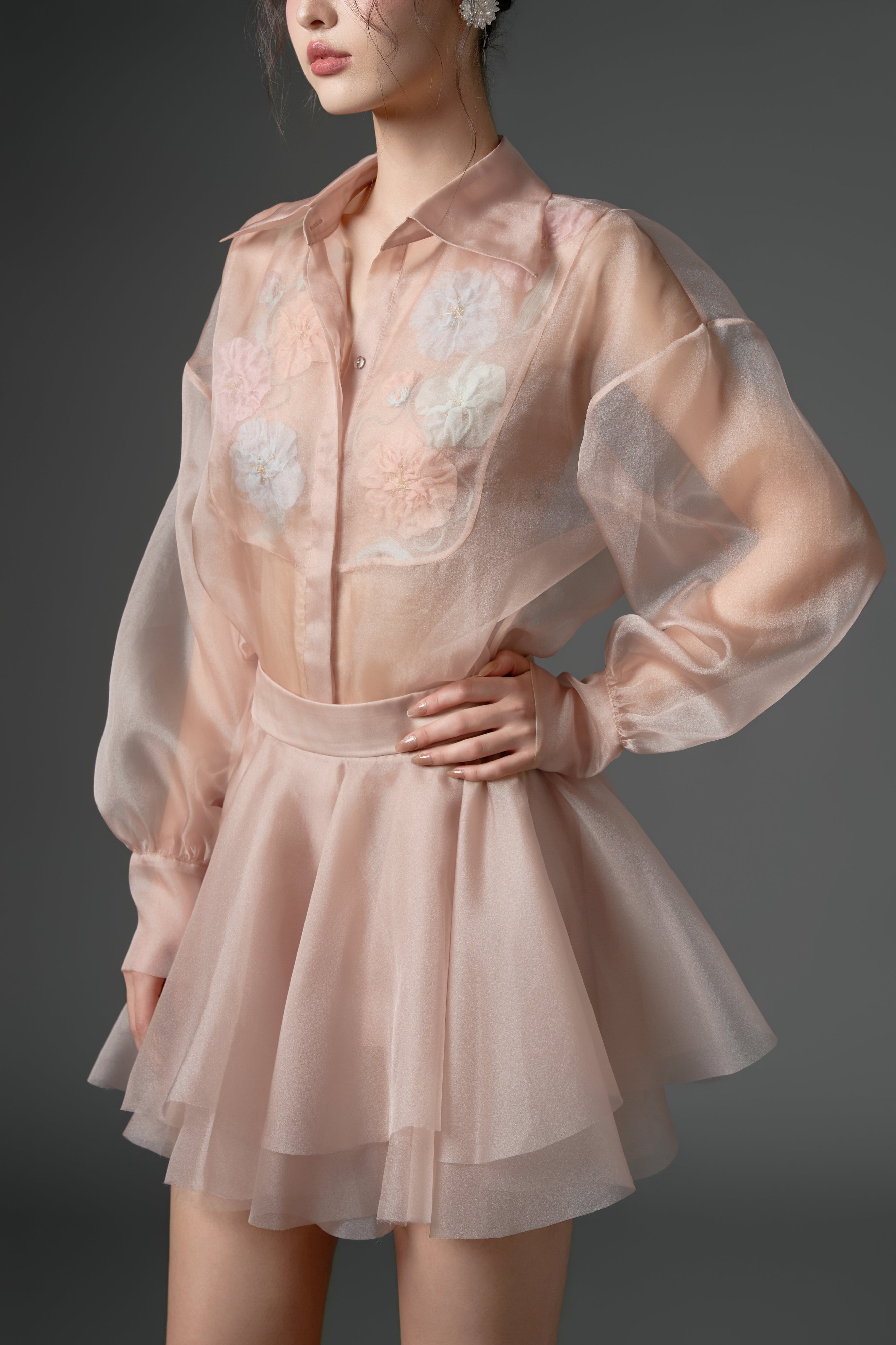 Timsah organza flower shirt with Zarafa organza pleated skirt