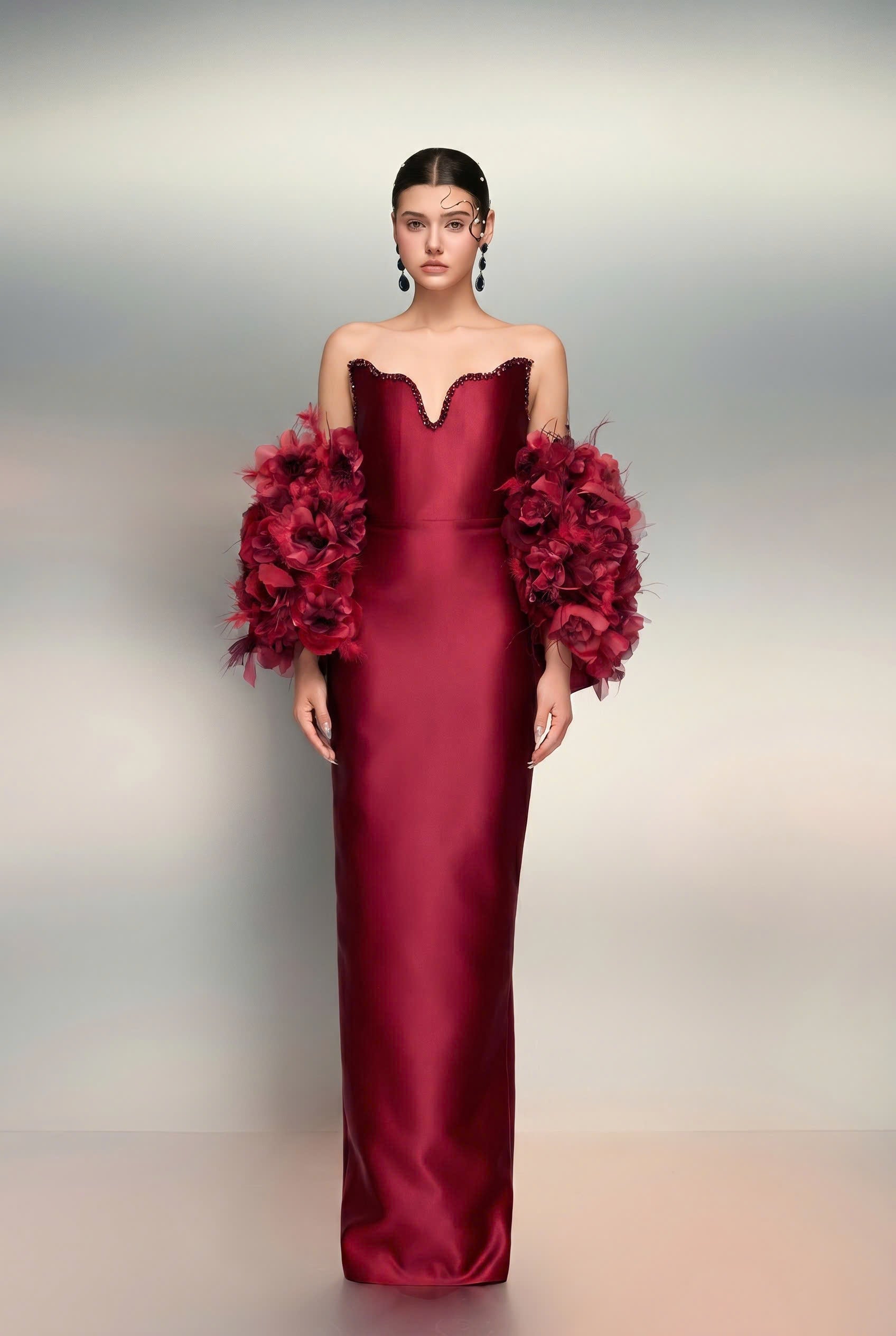 Noora royal taffeta dress & Hanan feather and royal taffeta cape