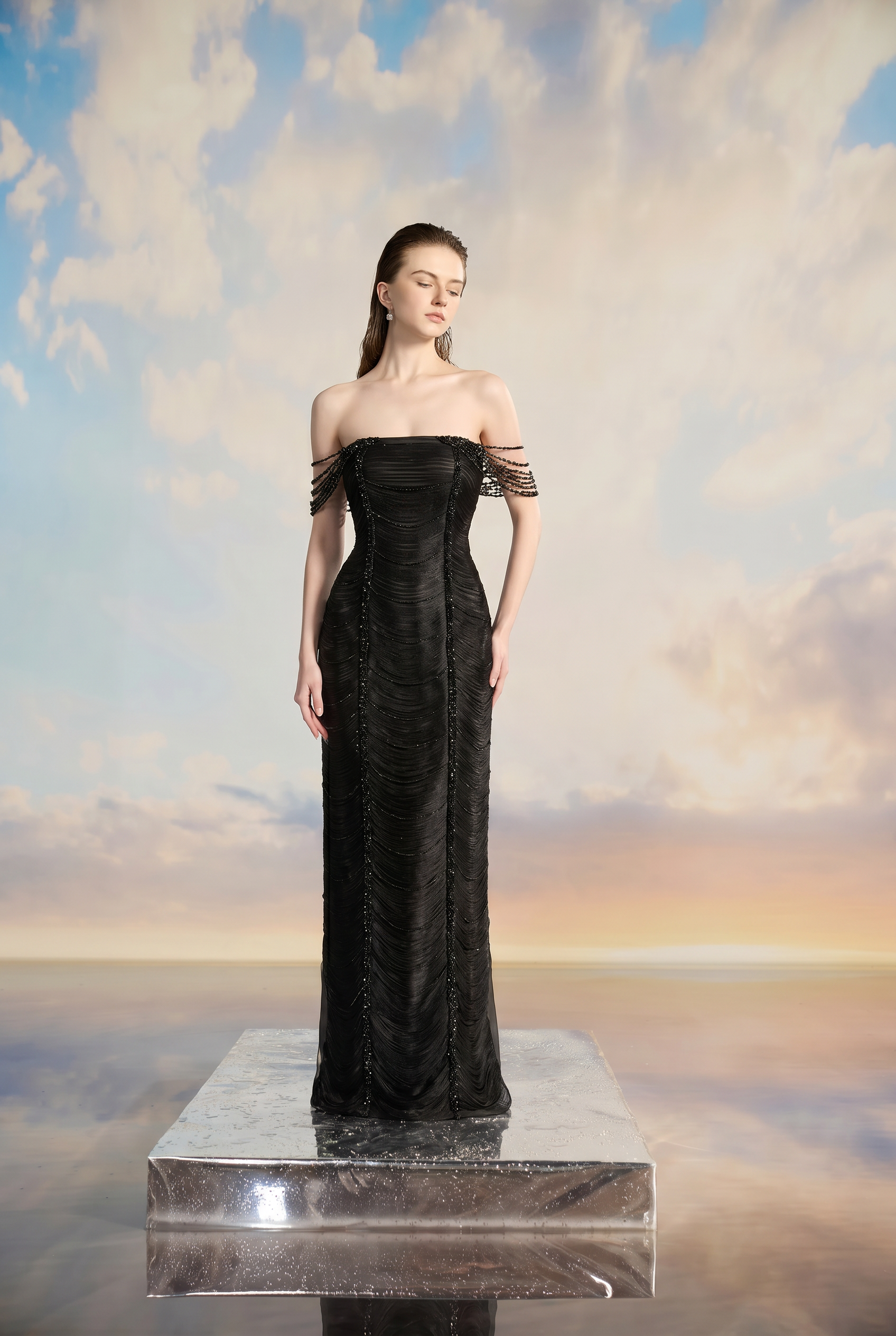 Amanda Silk satin flow pearl dress