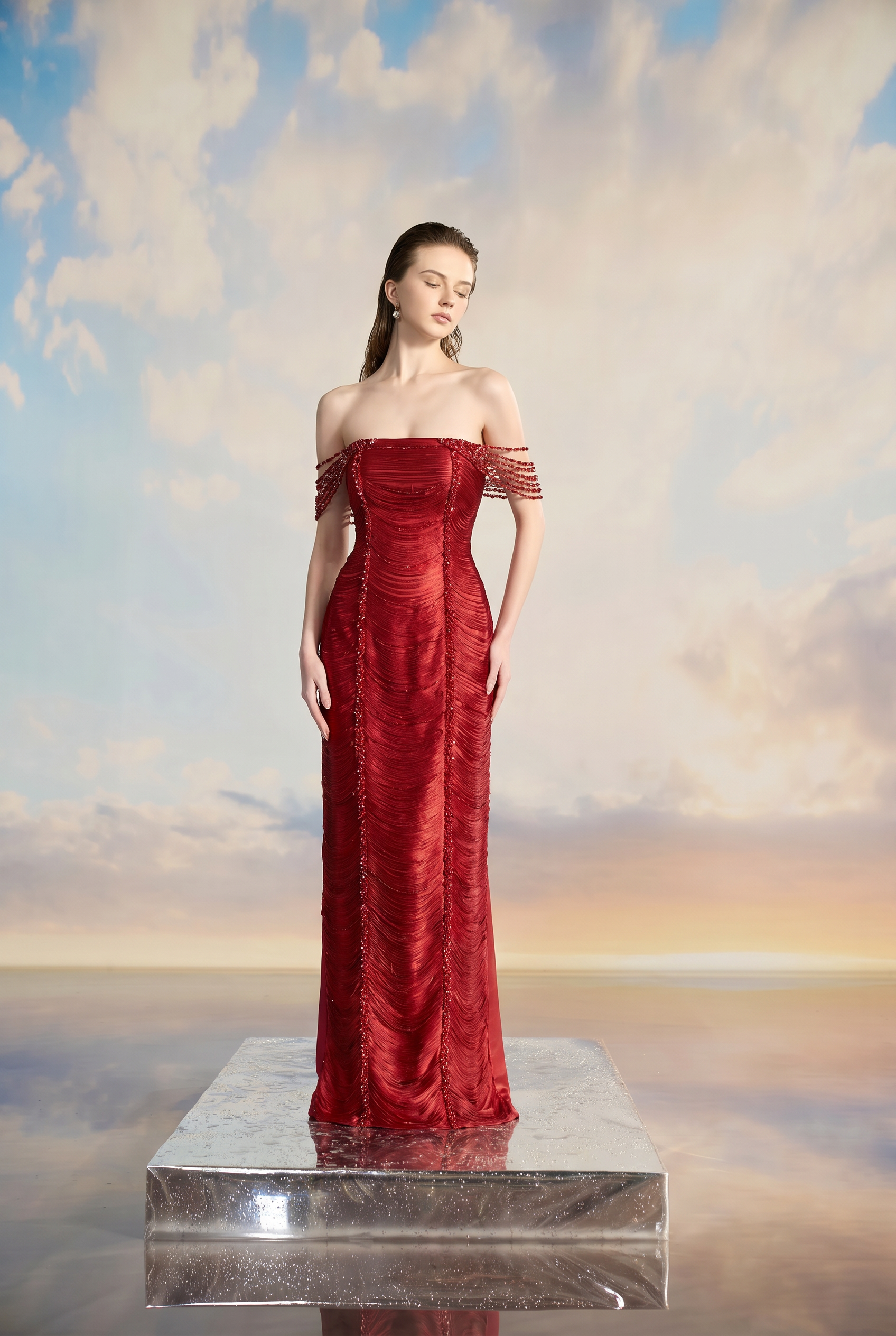 Amanda Silk satin flow pearl dress