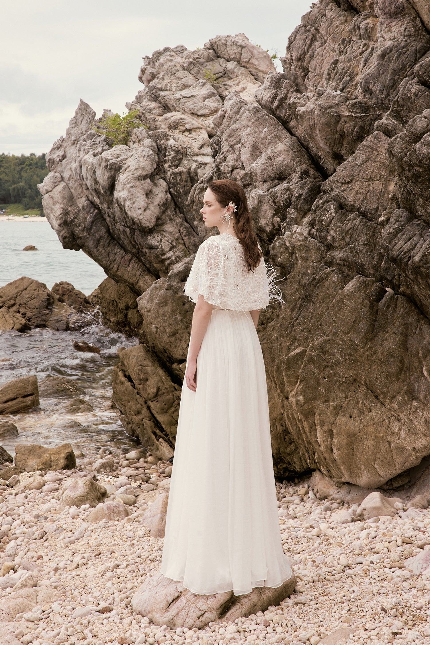 Laine shiny silk V neckline dress with cape