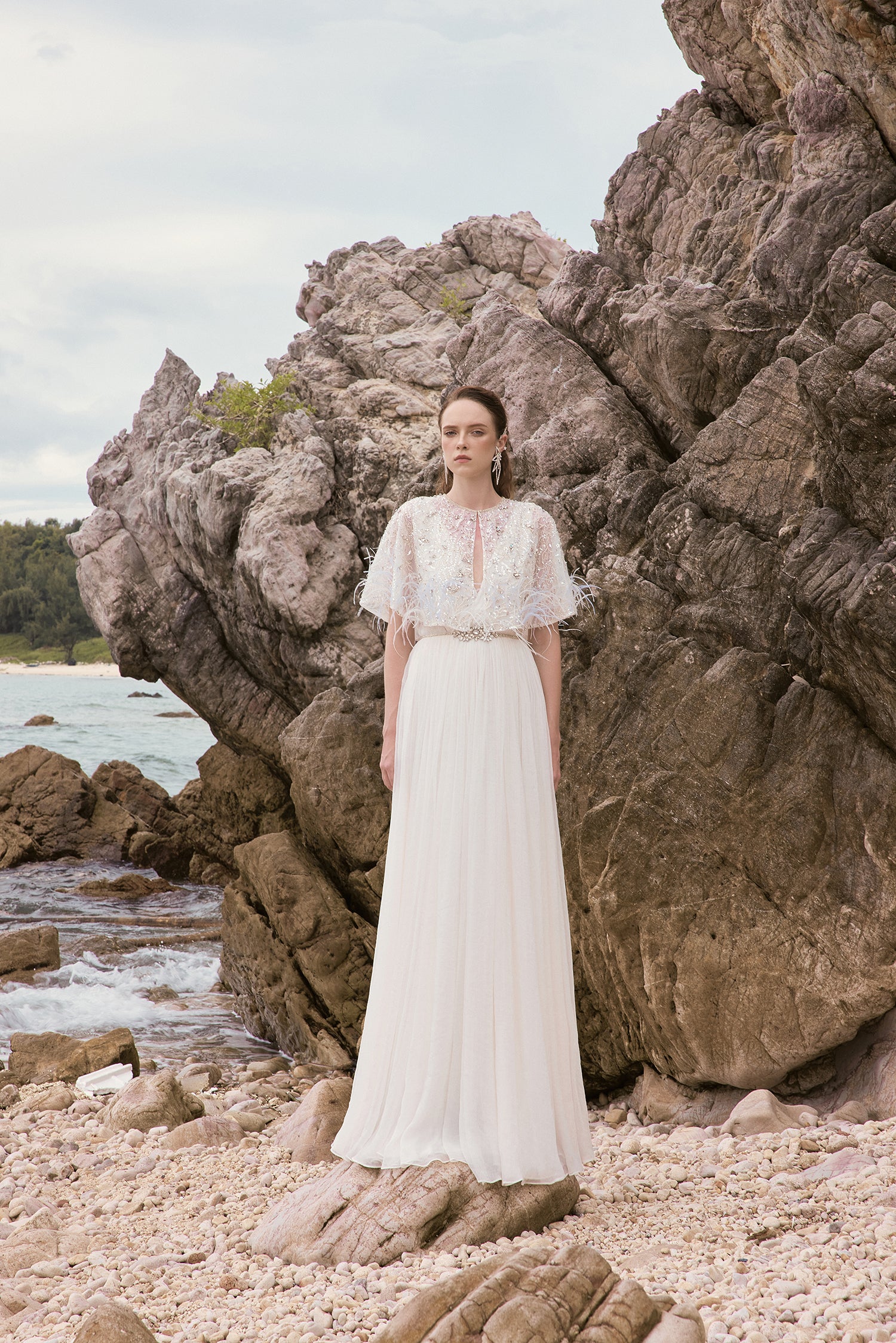 Laine shiny silk V neckline dress with cape