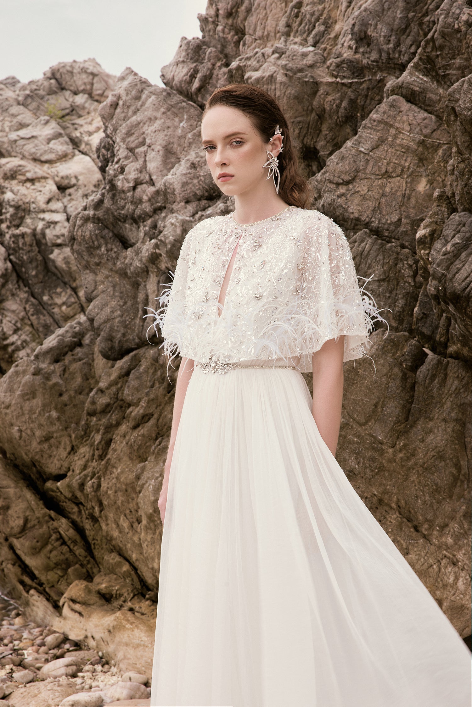 Laine shiny silk V neckline dress with cape