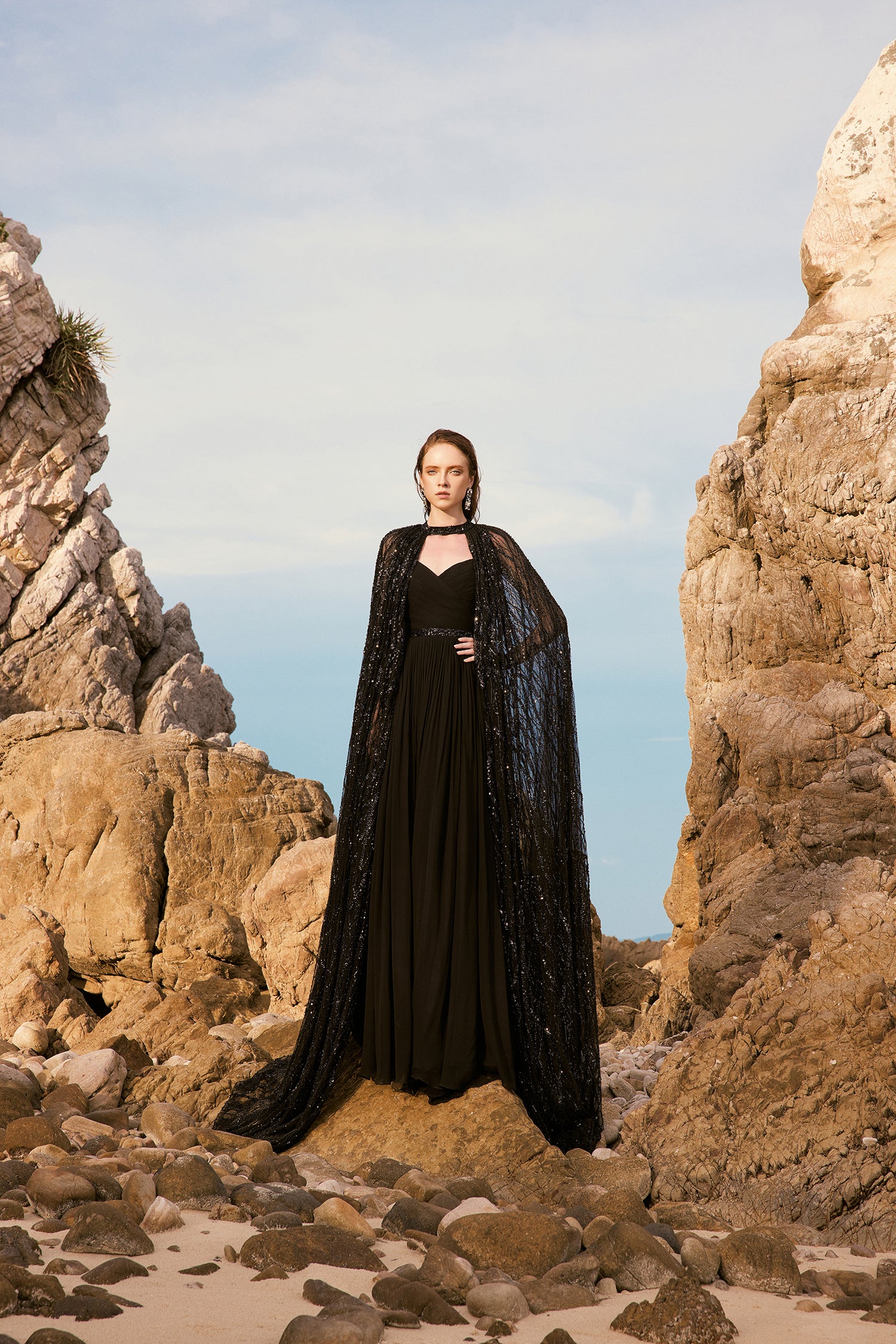 Shakira chiffon pleated dress with cape