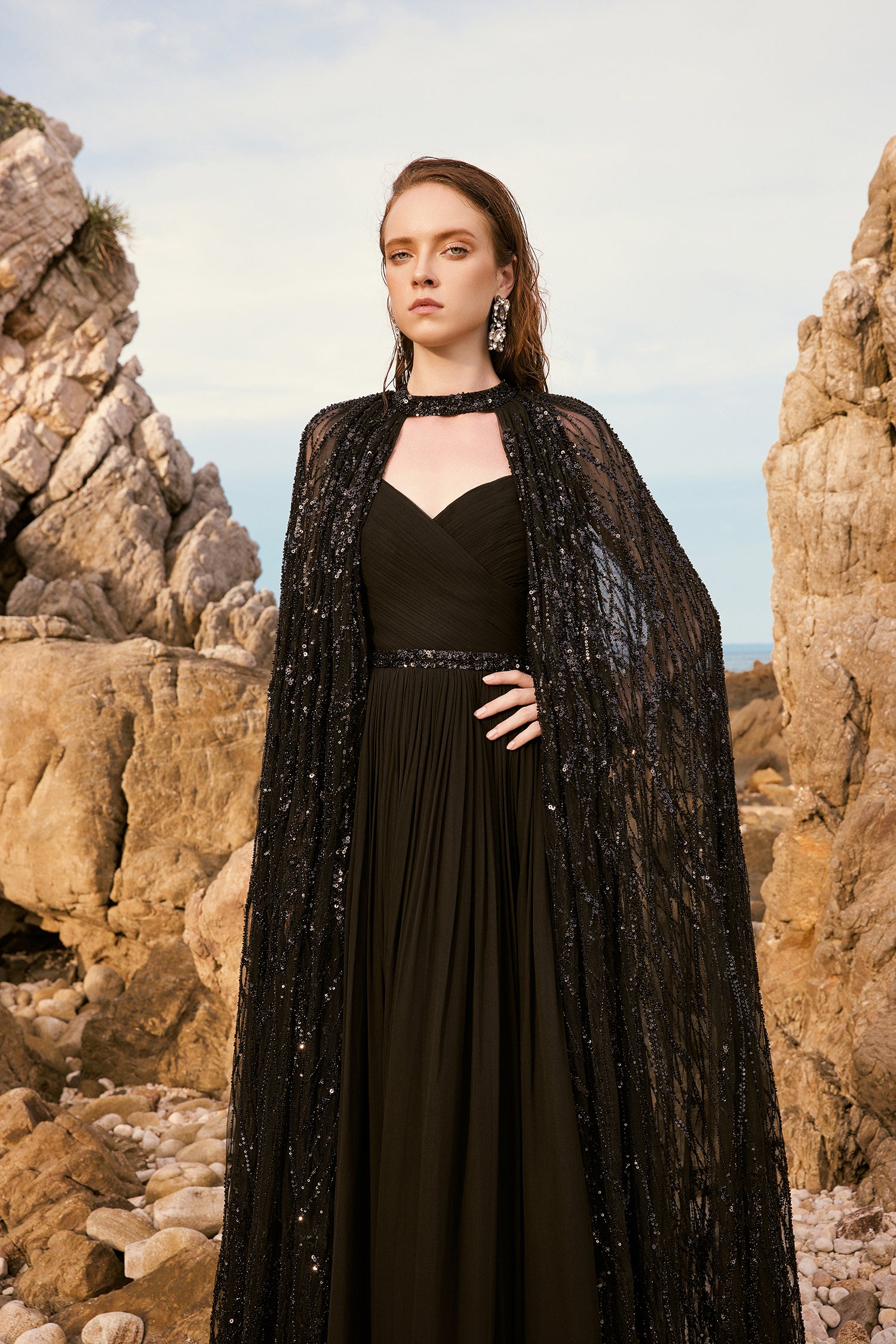 Shakira chiffon pleated dress with cape