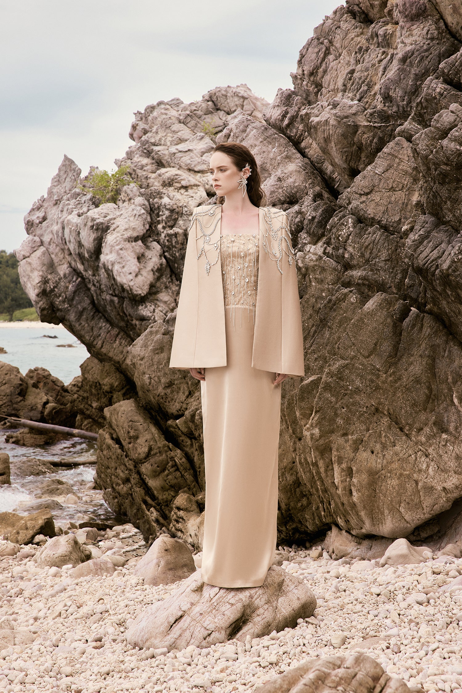 Teresa silk satin crystal dress with cape