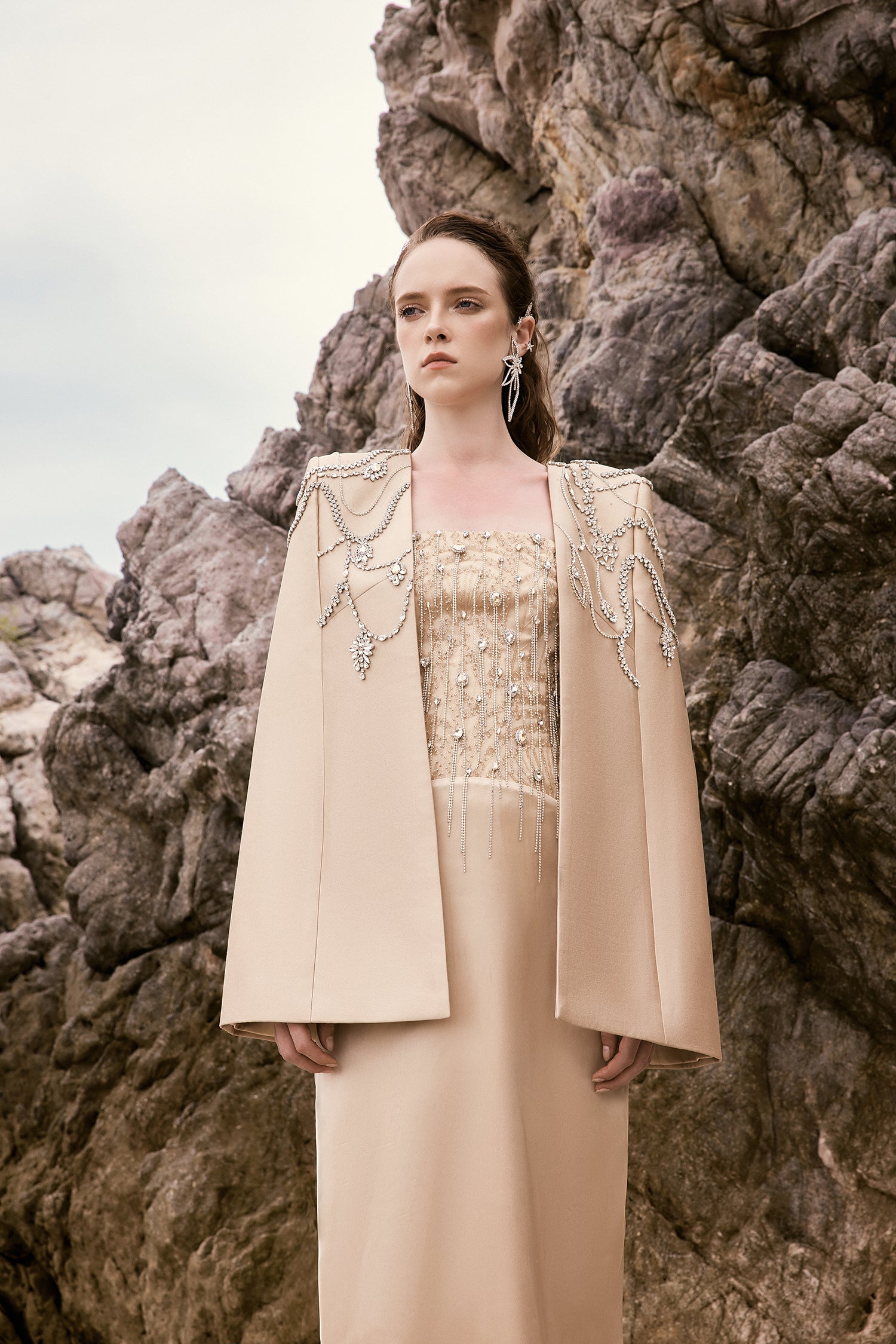 Teresa silk satin crystal dress with cape