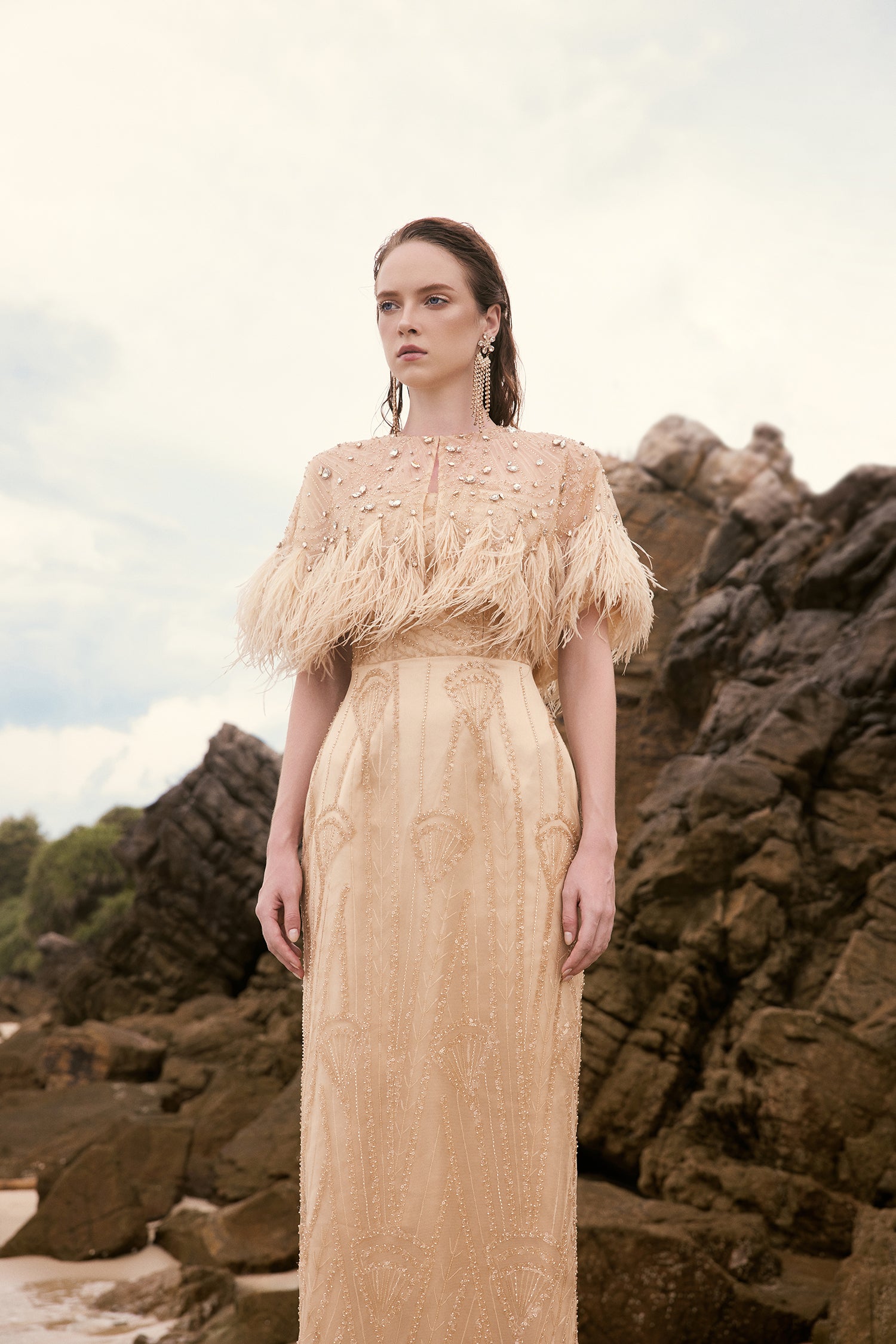 Lucice crystal lace bodycon dress with cape