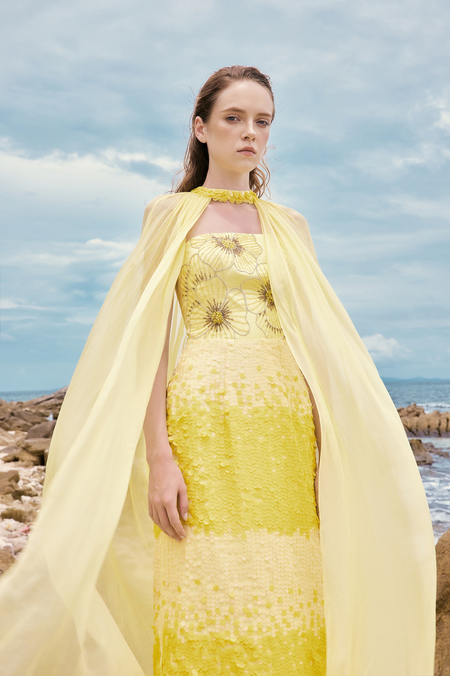 Dilys sequins floral dress with cape